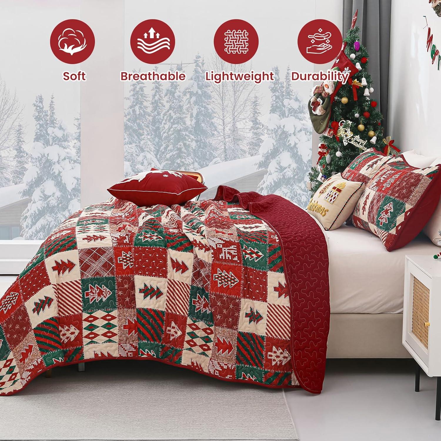 imageDintszyayue King Christmas Quilt 3 Pieces Patchwork Plaid King Size Bedspread Red Green Christmas Tree Printed Soft Microfiber Winter Holiday Coverlet Bedding SetsMerry Christmas