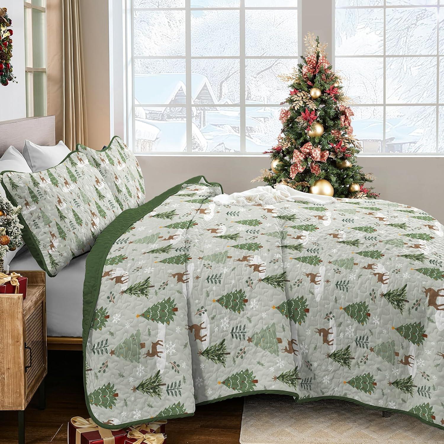 imageDintszyayue King Christmas Quilt 3 Pieces Patchwork Plaid King Size Bedspread Red Green Christmas Tree Printed Soft Microfiber Winter Holiday Coverlet Bedding SetsChristmas Tree