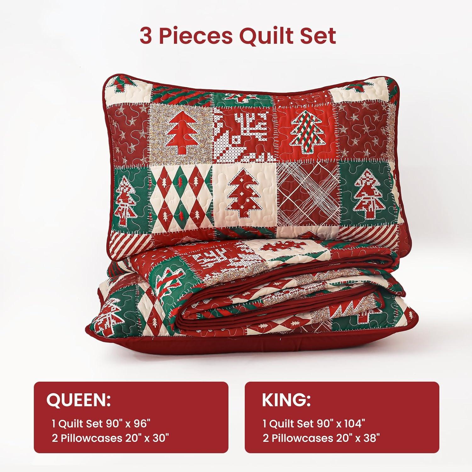 imageDintszyayue King Christmas Quilt 3 Pieces Patchwork Plaid King Size Bedspread Red Green Christmas Tree Printed Soft Microfiber Winter Holiday Coverlet Bedding SetsMerry Christmas
