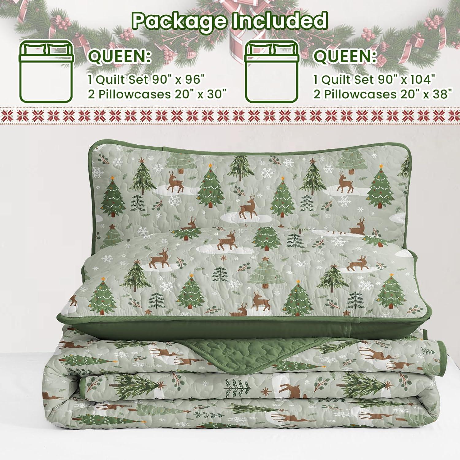 imageDintszyayue King Christmas Quilt 3 Pieces Patchwork Plaid King Size Bedspread Red Green Christmas Tree Printed Soft Microfiber Winter Holiday Coverlet Bedding SetsChristmas Tree