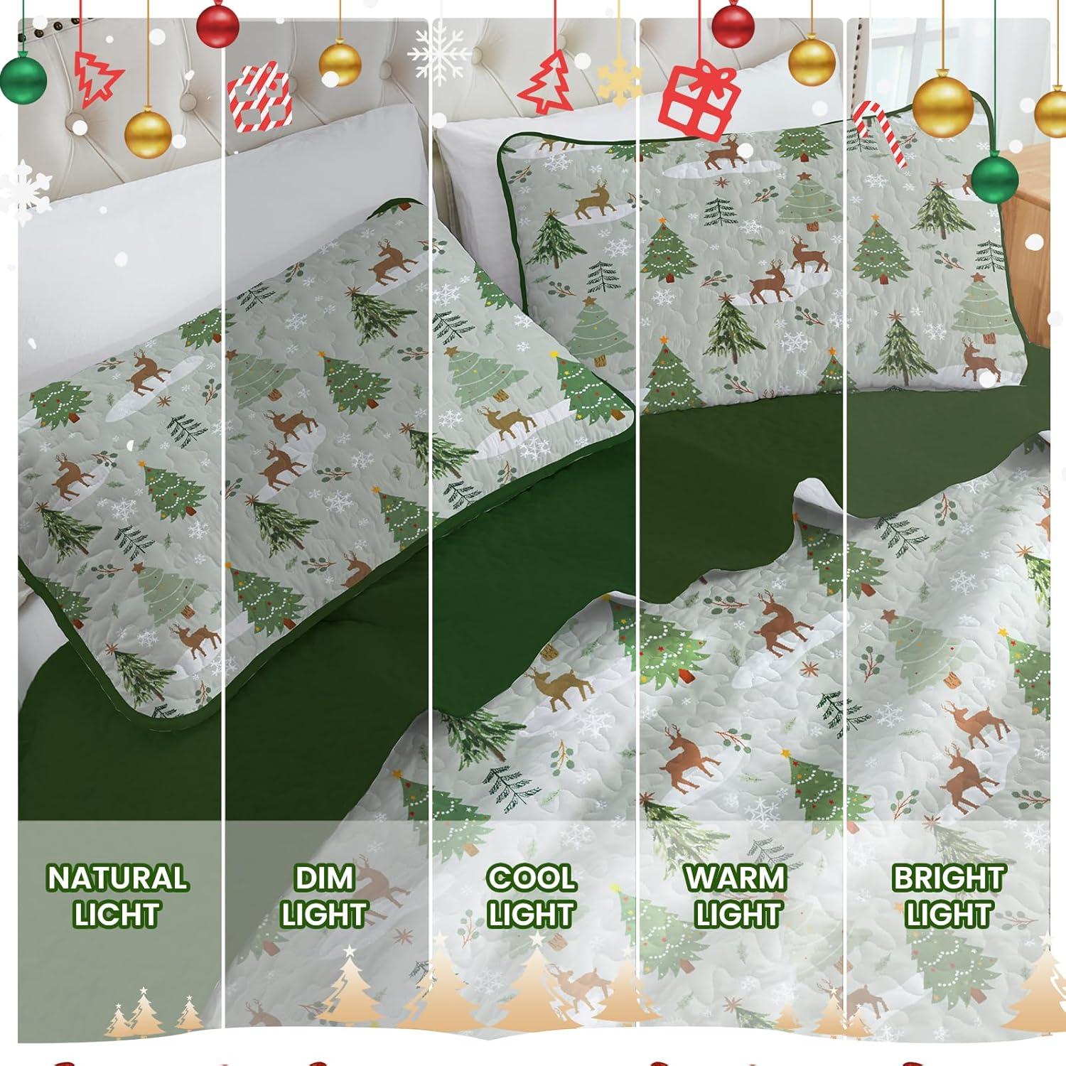 imageDintszyayue King Christmas Quilt 3 Pieces Patchwork Plaid King Size Bedspread Red Green Christmas Tree Printed Soft Microfiber Winter Holiday Coverlet Bedding SetsChristmas Tree