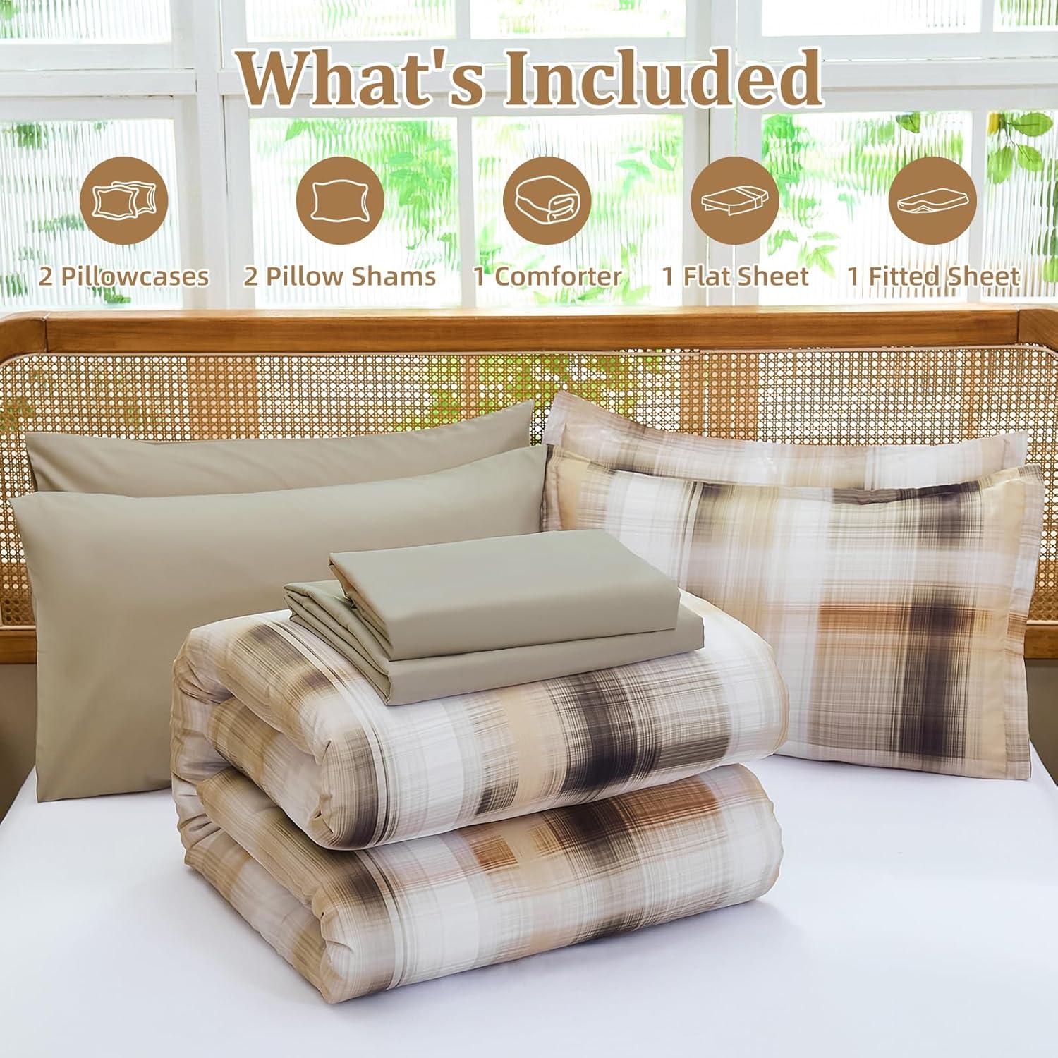 imageDintszyayue King Plaid Comforter Set 7 Pieces Bed in a Bag Blue Bedding Set Soft Lightweight Bed Comforter Set Cozy Microfiber Bed Set for All Season with SheetsPillowcases ampamp ShamsKhaki