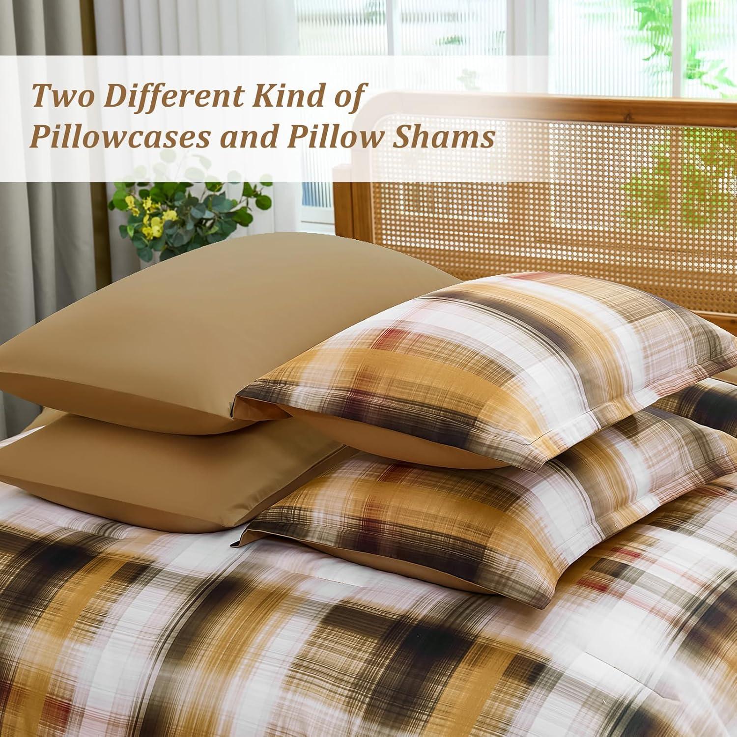 imageDintszyayue King Plaid Comforter Set 7 Pieces Bed in a Bag Blue Bedding Set Soft Lightweight Bed Comforter Set Cozy Microfiber Bed Set for All Season with SheetsPillowcases ampamp ShamsBrown