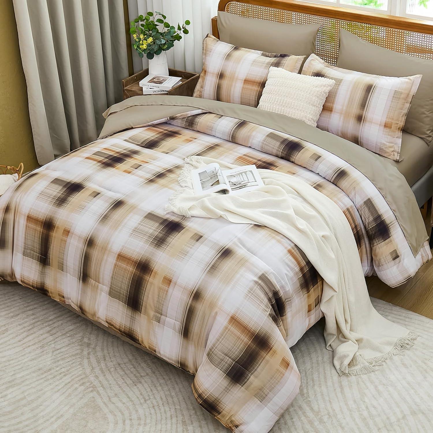 imageDintszyayue King Plaid Comforter Set 7 Pieces Bed in a Bag Blue Bedding Set Soft Lightweight Bed Comforter Set Cozy Microfiber Bed Set for All Season with SheetsPillowcases ampamp ShamsKhaki