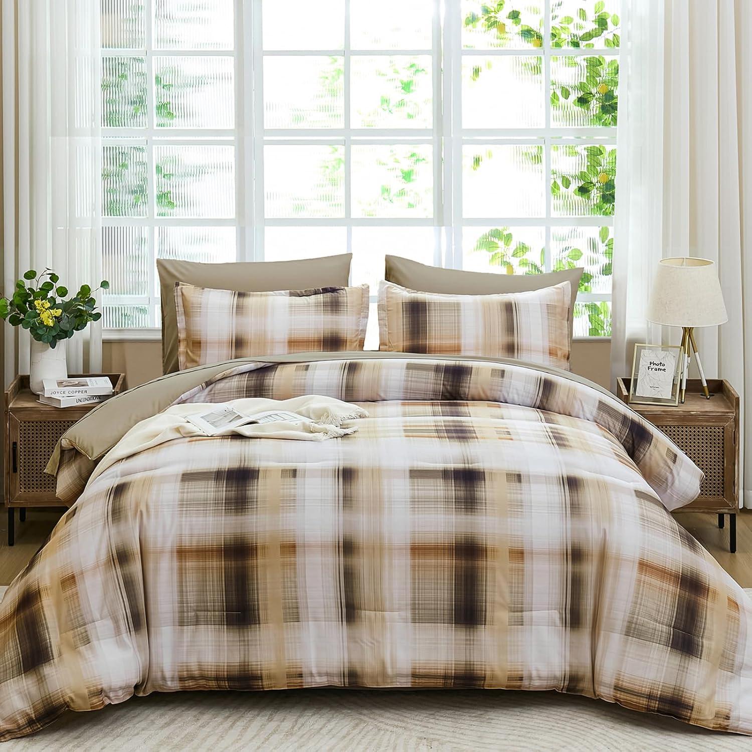 imageDintszyayue King Plaid Comforter Set 7 Pieces Bed in a Bag Blue Bedding Set Soft Lightweight Bed Comforter Set Cozy Microfiber Bed Set for All Season with SheetsPillowcases ampamp ShamsKhaki