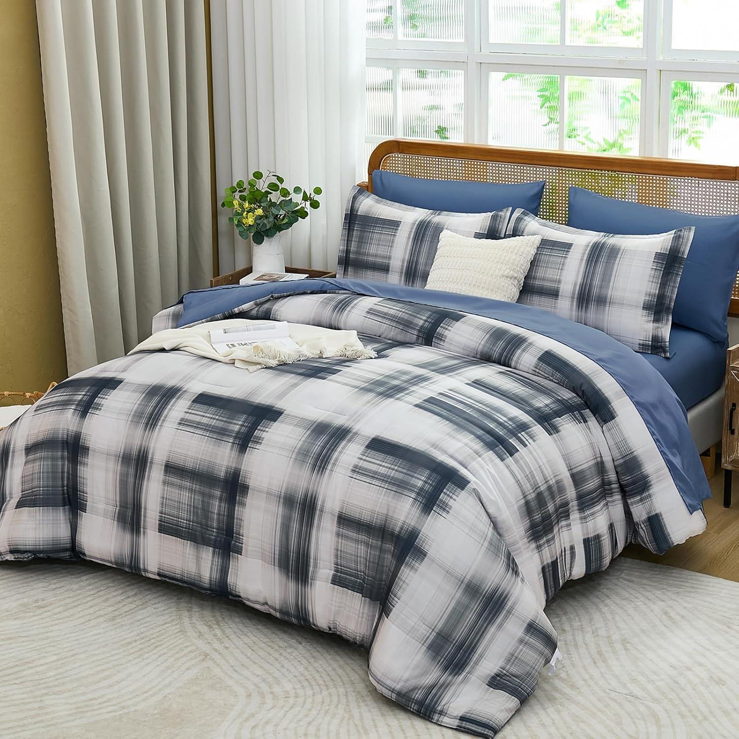 imageDintszyayue King Plaid Comforter Set 7 Pieces Bed in a Bag Blue Bedding Set Soft Lightweight Bed Comforter Set Cozy Microfiber Bed Set for All Season with SheetsPillowcases ampamp ShamsBlue