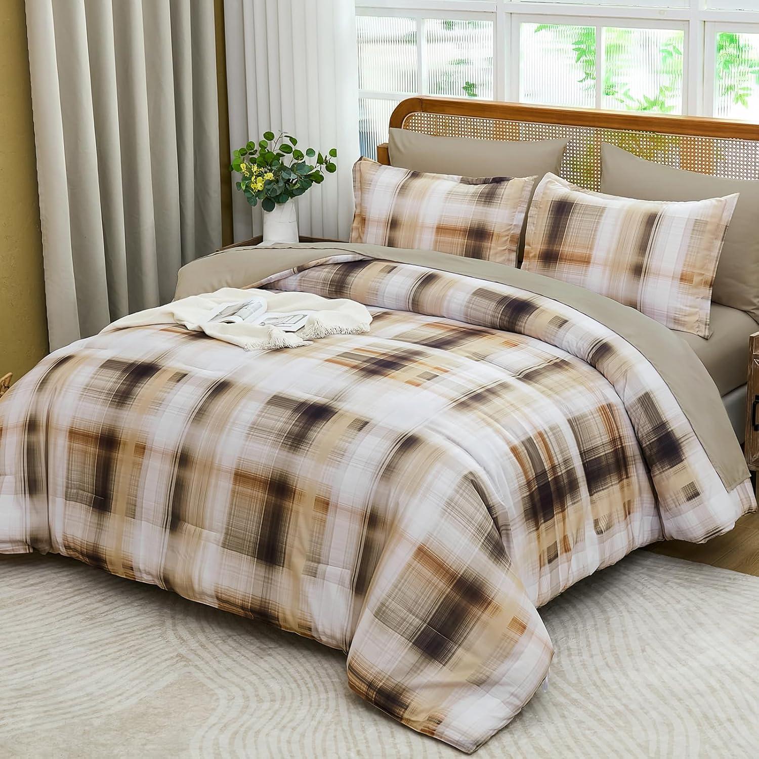 imageDintszyayue King Plaid Comforter Set 7 Pieces Bed in a Bag Blue Bedding Set Soft Lightweight Bed Comforter Set Cozy Microfiber Bed Set for All Season with SheetsPillowcases ampamp ShamsKhaki