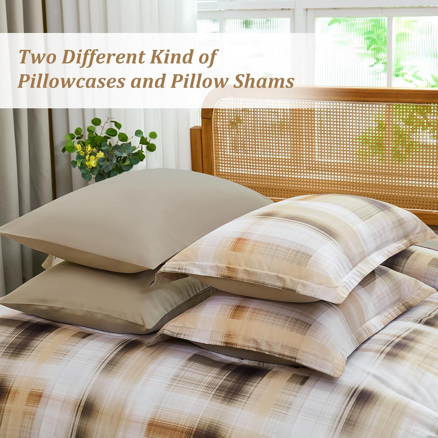 imageDintszyayue King Plaid Comforter Set 7 Pieces Bed in a Bag Blue Bedding Set Soft Lightweight Bed Comforter Set Cozy Microfiber Bed Set for All Season with SheetsPillowcases ampamp ShamsKhaki