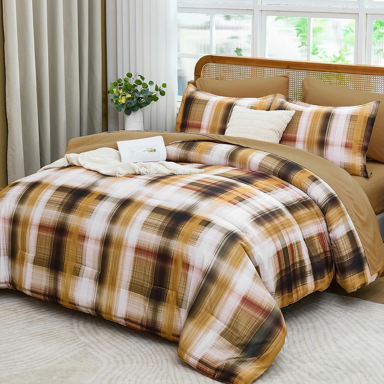 imageDintszyayue King Plaid Comforter Set 7 Pieces Bed in a Bag Blue Bedding Set Soft Lightweight Bed Comforter Set Cozy Microfiber Bed Set for All Season with SheetsPillowcases ampamp ShamsBrown