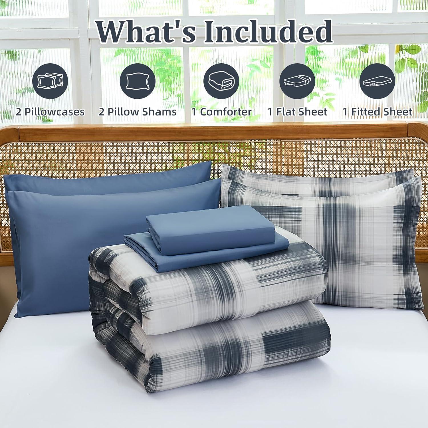imageDintszyayue King Plaid Comforter Set 7 Pieces Bed in a Bag Blue Bedding Set Soft Lightweight Bed Comforter Set Cozy Microfiber Bed Set for All Season with SheetsPillowcases ampamp ShamsBlue