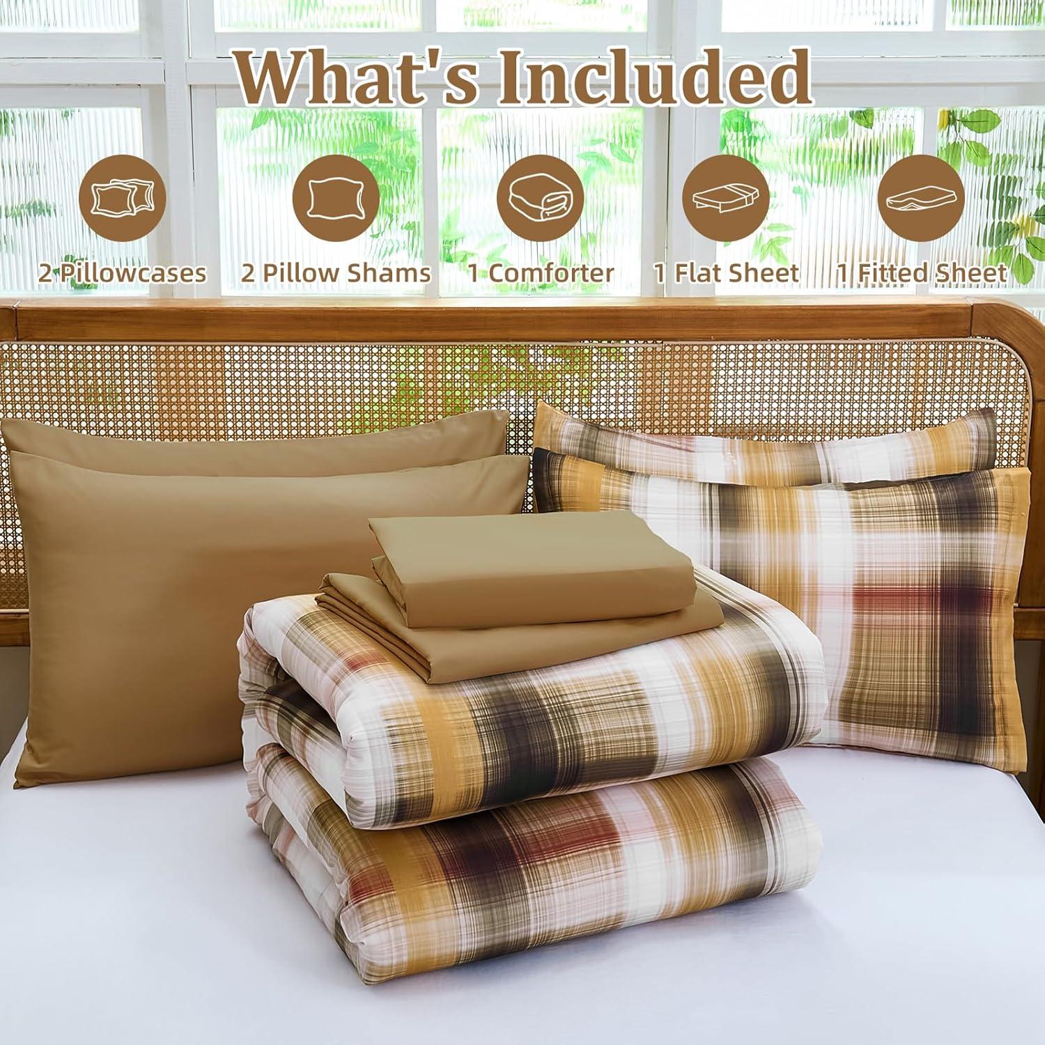 imageDintszyayue King Plaid Comforter Set 7 Pieces Bed in a Bag Blue Bedding Set Soft Lightweight Bed Comforter Set Cozy Microfiber Bed Set for All Season with SheetsPillowcases ampamp ShamsBrown