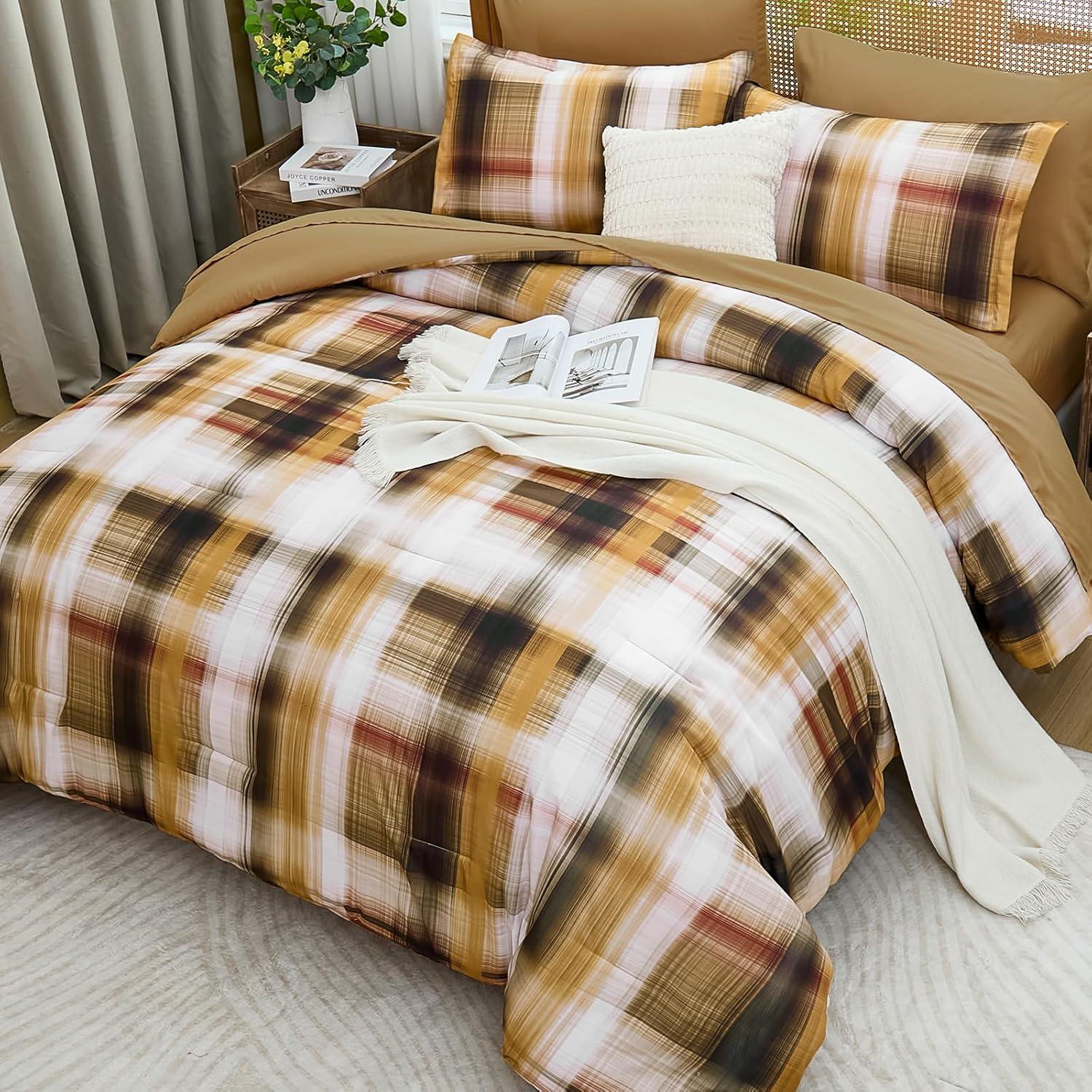 imageDintszyayue King Plaid Comforter Set 7 Pieces Bed in a Bag Blue Bedding Set Soft Lightweight Bed Comforter Set Cozy Microfiber Bed Set for All Season with SheetsPillowcases ampamp ShamsBrown