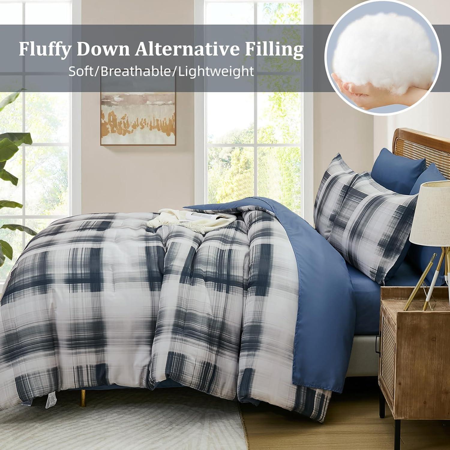 imageDintszyayue King Plaid Comforter Set 7 Pieces Bed in a Bag Blue Bedding Set Soft Lightweight Bed Comforter Set Cozy Microfiber Bed Set for All Season with SheetsPillowcases ampamp ShamsBlue