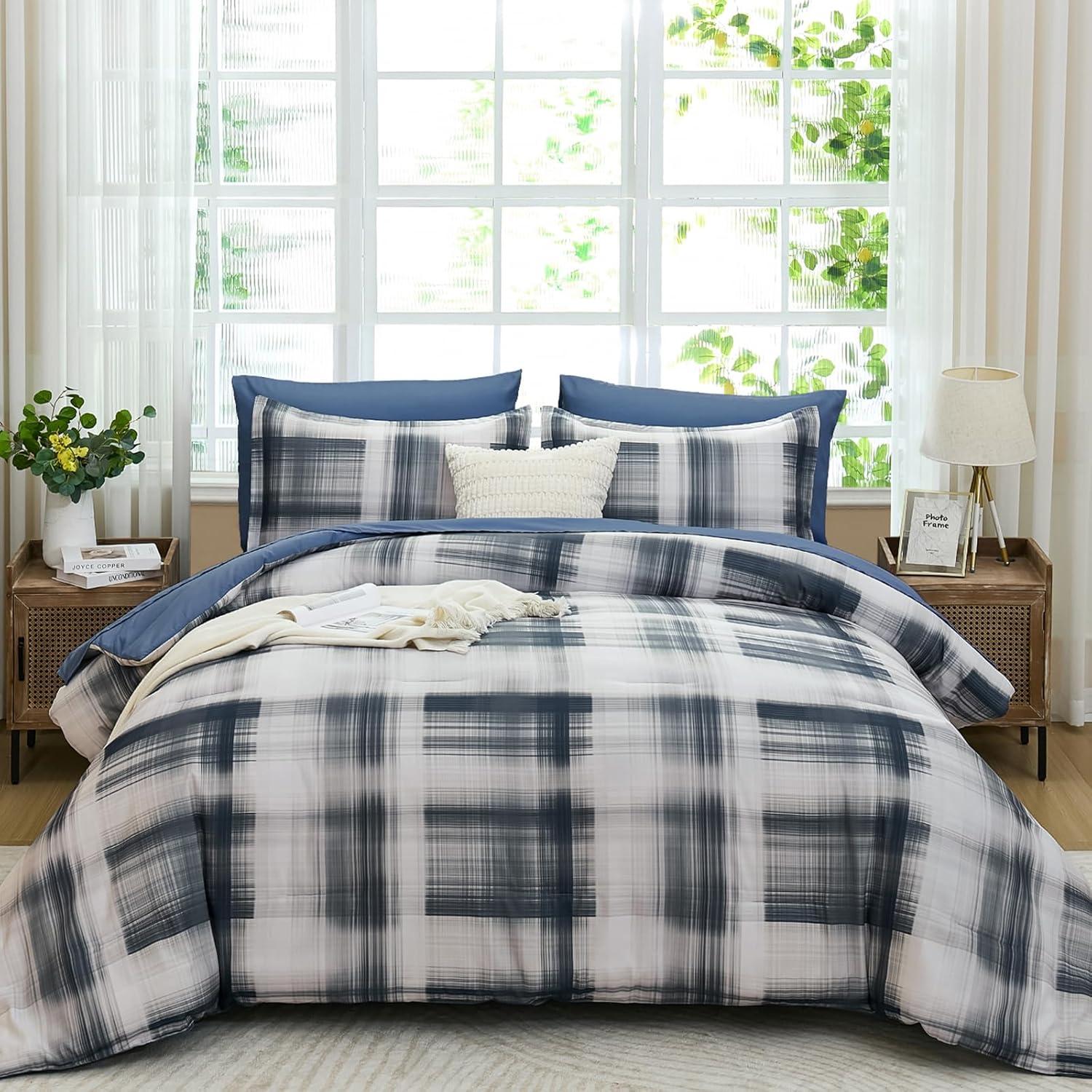 imageDintszyayue King Plaid Comforter Set 7 Pieces Bed in a Bag Blue Bedding Set Soft Lightweight Bed Comforter Set Cozy Microfiber Bed Set for All Season with SheetsPillowcases ampamp ShamsBlue