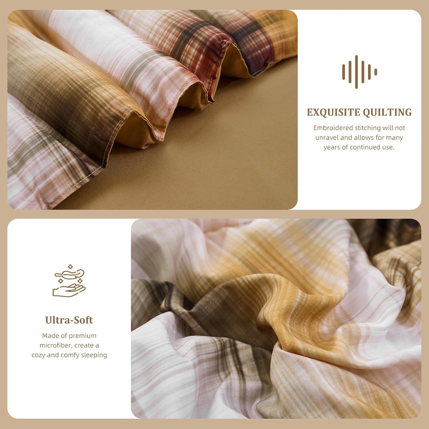 imageDintszyayue King Plaid Comforter Set 7 Pieces Bed in a Bag Blue Bedding Set Soft Lightweight Bed Comforter Set Cozy Microfiber Bed Set for All Season with SheetsPillowcases ampamp ShamsBrown