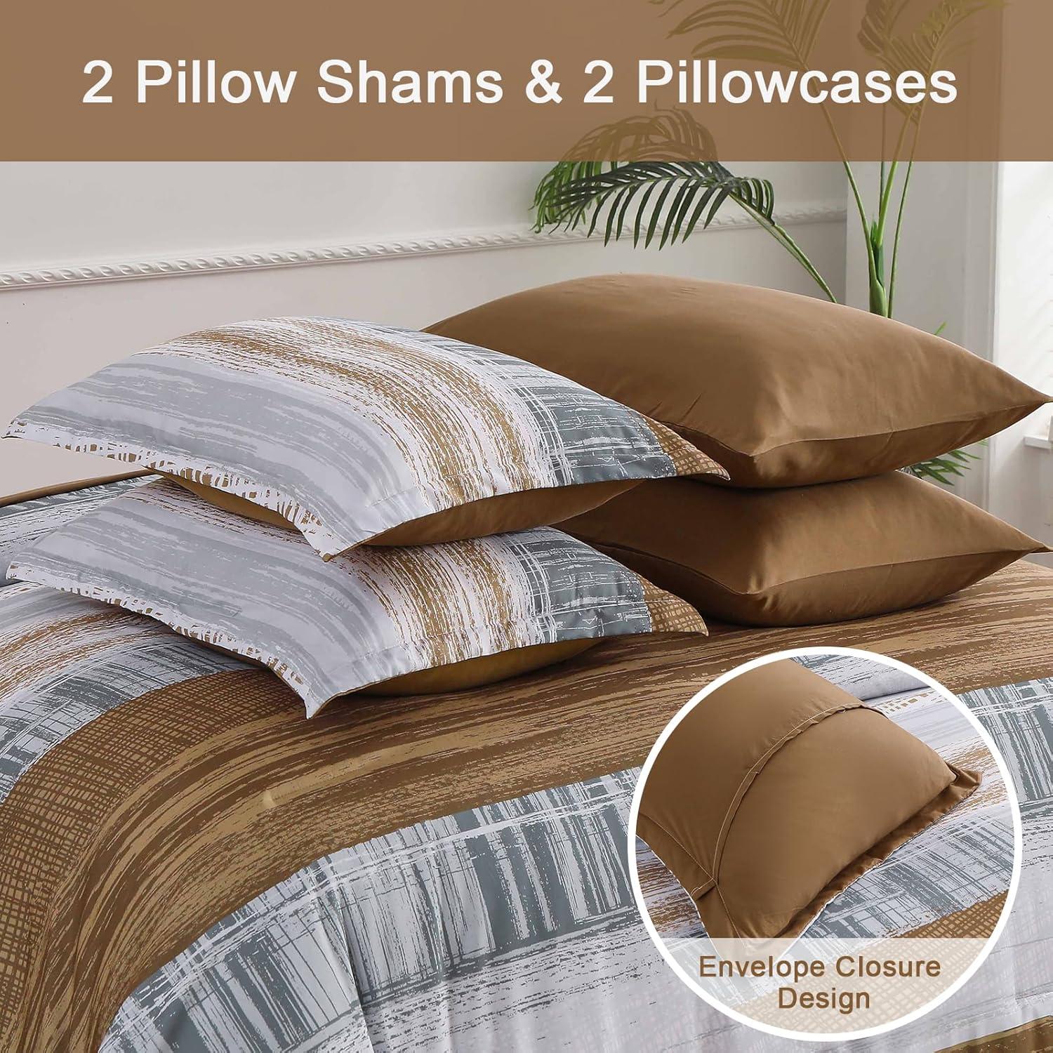 imageDintszyayue King Size Stripe Gradient Brown Patchwork Comforter Set 7 Piece Bed in a Bag Boho Bedding Set with SheetsPillowcases ampamp Shams Reversible Soft Microfiber Comforter