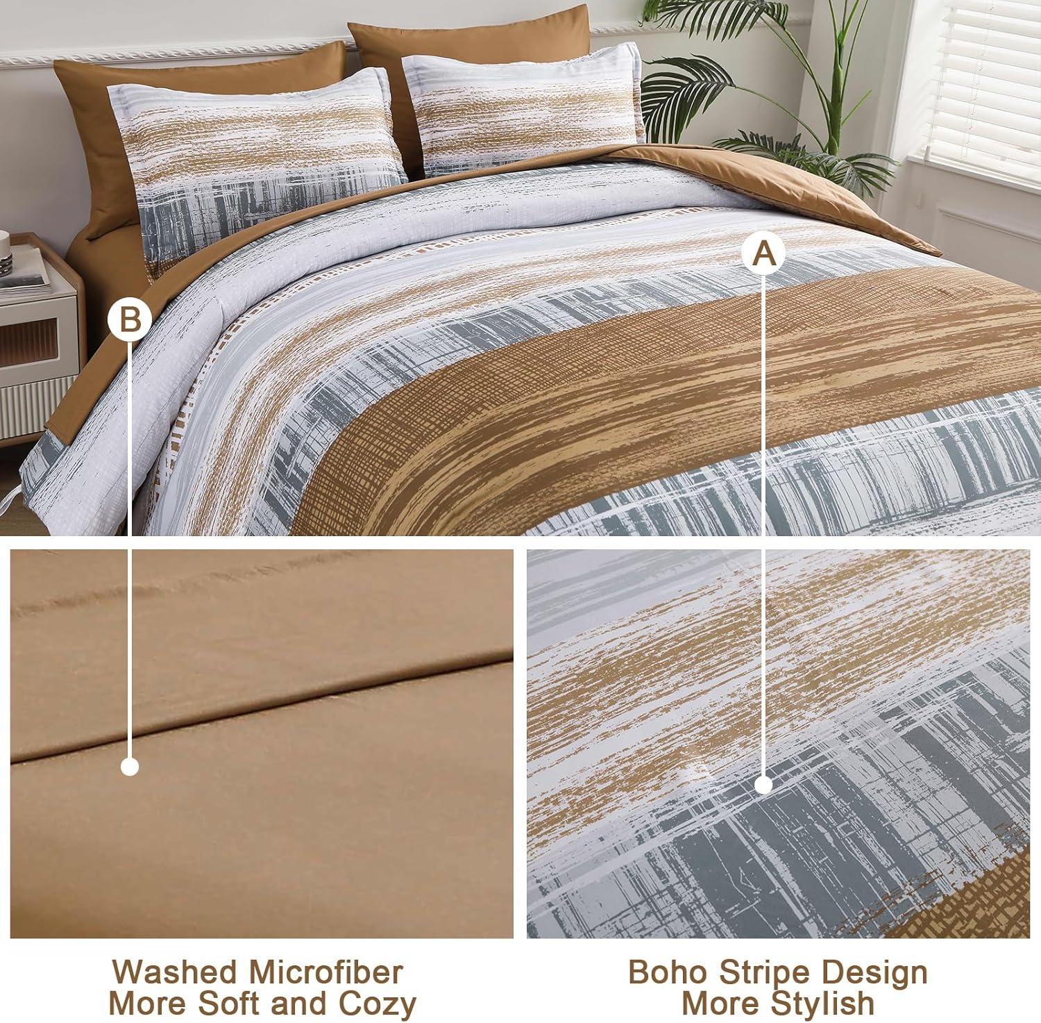imageDintszyayue King Size Stripe Gradient Brown Patchwork Comforter Set 7 Piece Bed in a Bag Boho Bedding Set with SheetsPillowcases ampamp Shams Reversible Soft Microfiber Comforter
