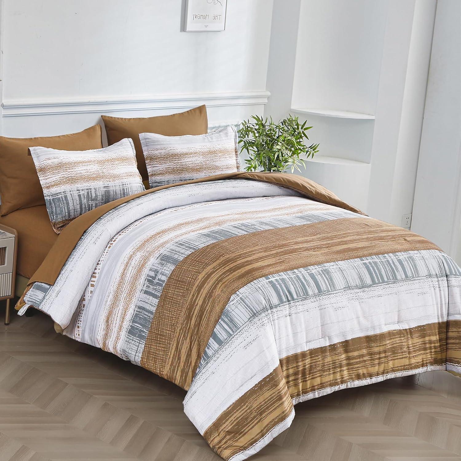 imageDintszyayue King Size Stripe Gradient Brown Patchwork Comforter Set 7 Piece Bed in a Bag Boho Bedding Set with SheetsPillowcases ampamp Shams Reversible Soft Microfiber Comforter