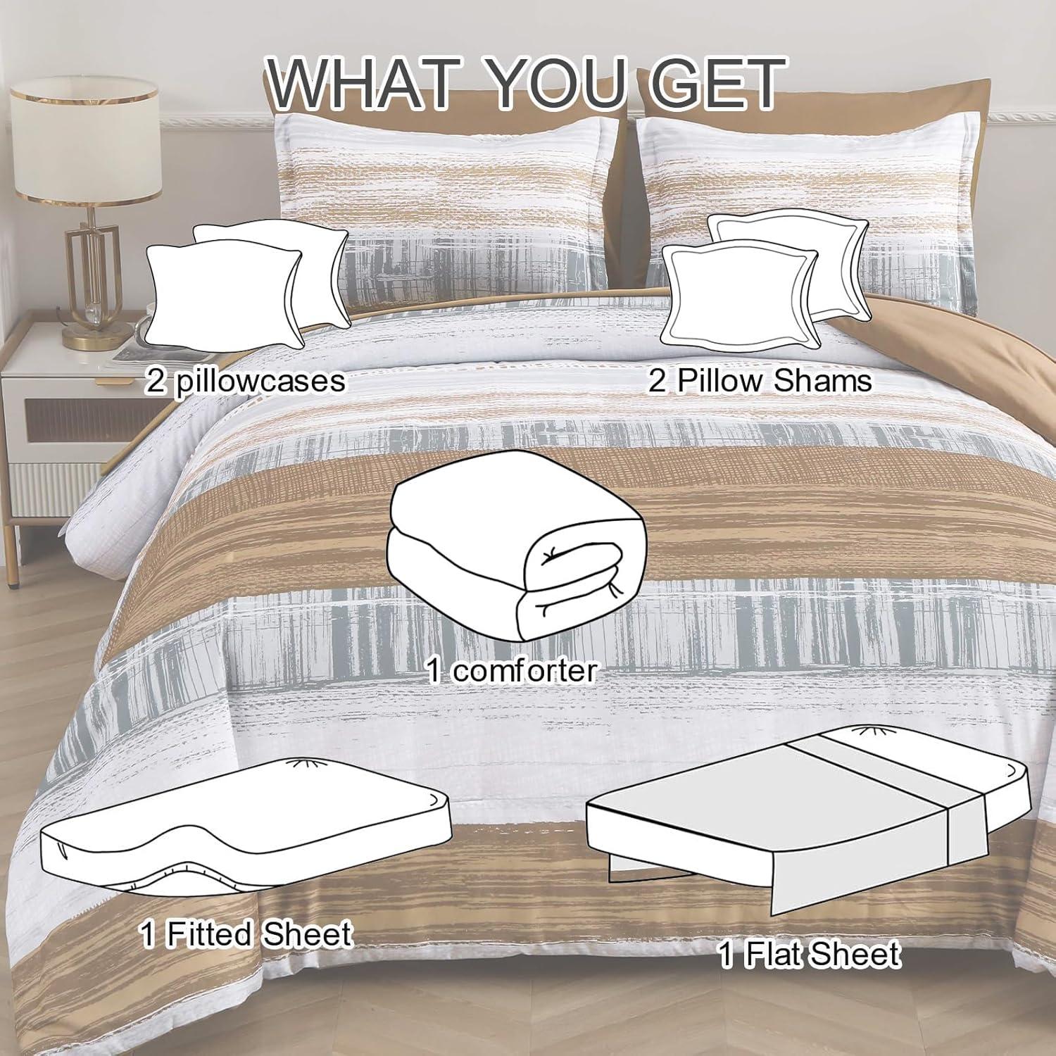 imageDintszyayue King Size Stripe Gradient Brown Patchwork Comforter Set 7 Piece Bed in a Bag Boho Bedding Set with SheetsPillowcases ampamp Shams Reversible Soft Microfiber Comforter