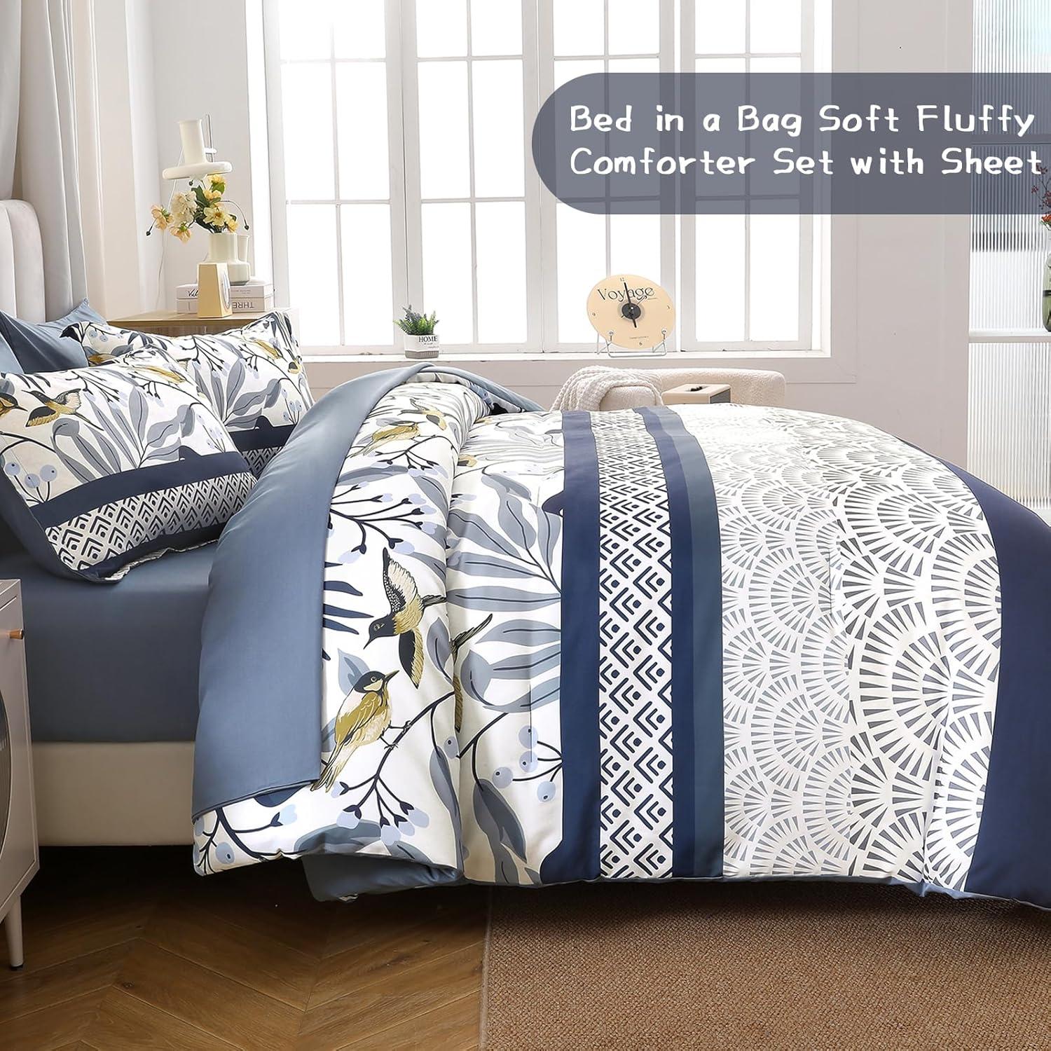 imageDintszyayue Queen Comforter Set 7 Pieces Blue Boho Comforter for Queen Bed Leaves Botanical Bed in a Bag Soft Microfiber Bird Bedding Set with Pillowcases Flat Sheet Fitted Sheet Pillow ShamsBlue