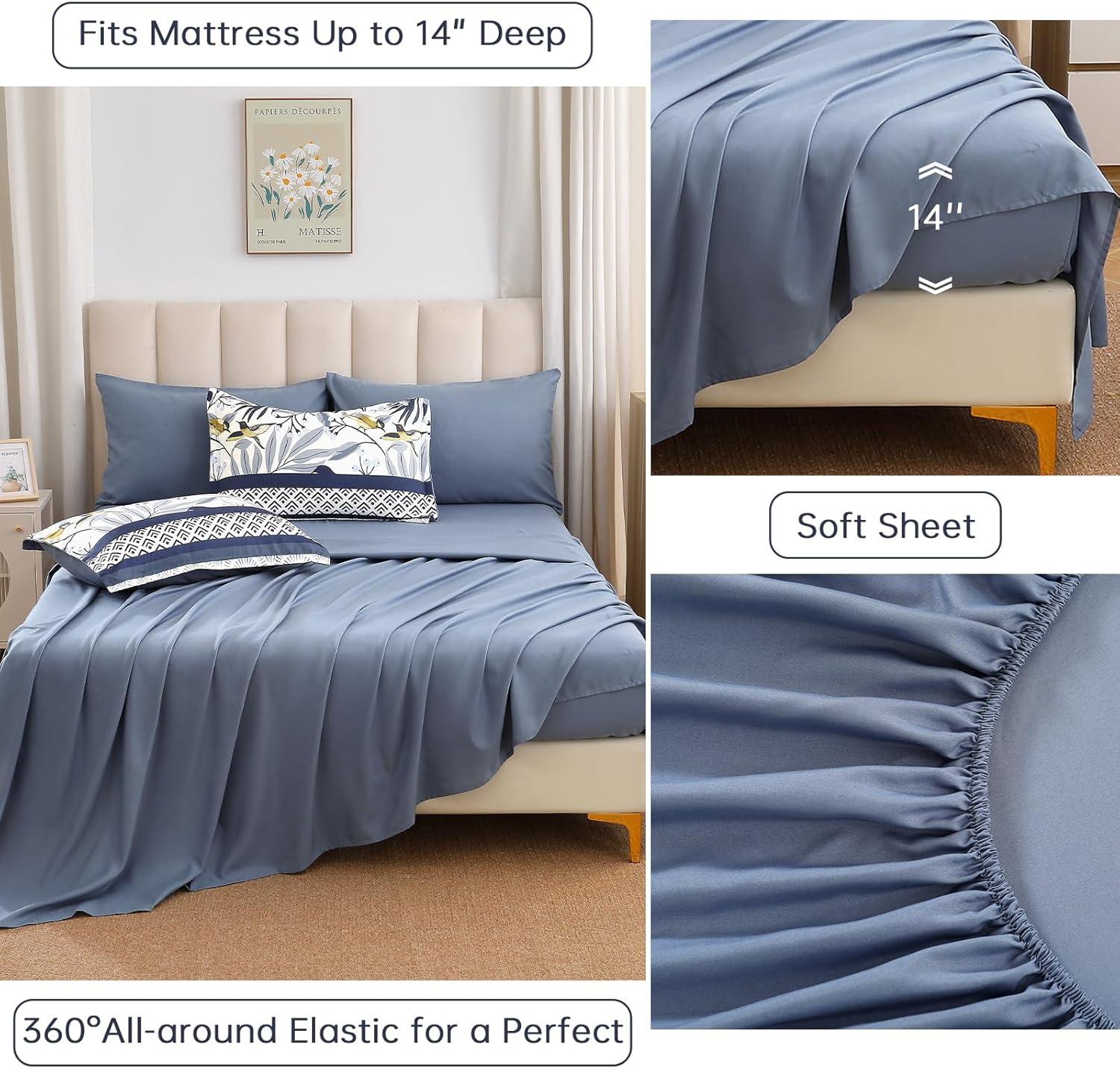 imageDintszyayue Queen Comforter Set 7 Pieces Blue Boho Comforter for Queen Bed Leaves Botanical Bed in a Bag Soft Microfiber Bird Bedding Set with Pillowcases Flat Sheet Fitted Sheet Pillow ShamsBlue