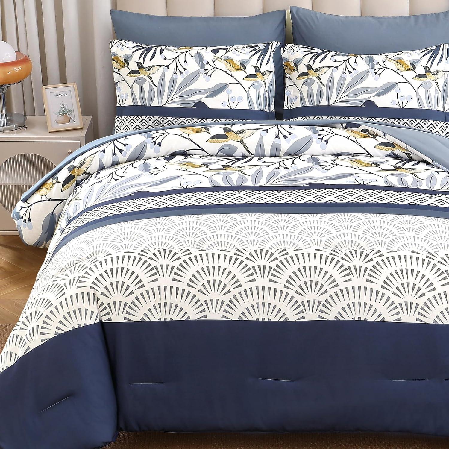 imageDintszyayue Queen Comforter Set 7 Pieces Blue Boho Comforter for Queen Bed Leaves Botanical Bed in a Bag Soft Microfiber Bird Bedding Set with Pillowcases Flat Sheet Fitted Sheet Pillow ShamsBlue