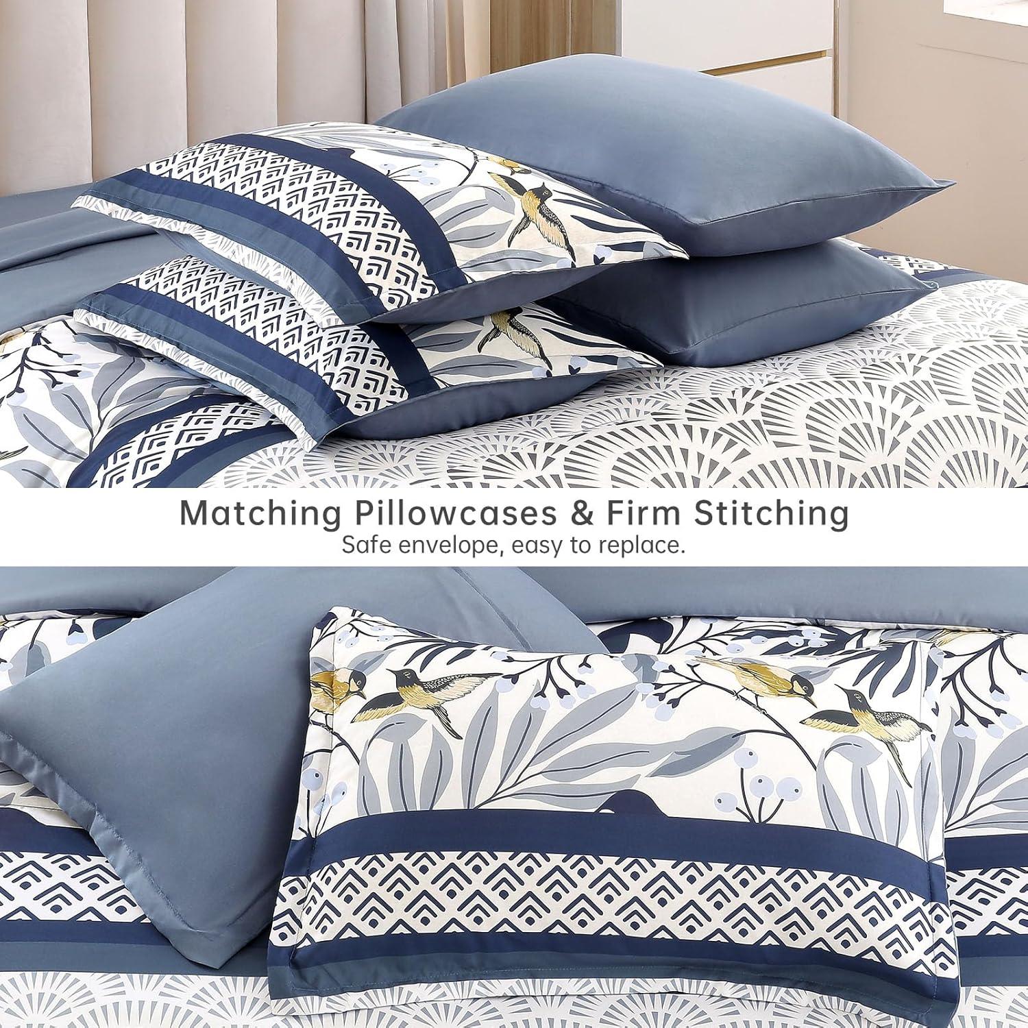 imageDintszyayue Queen Comforter Set 7 Pieces Blue Boho Comforter for Queen Bed Leaves Botanical Bed in a Bag Soft Microfiber Bird Bedding Set with Pillowcases Flat Sheet Fitted Sheet Pillow ShamsBlue