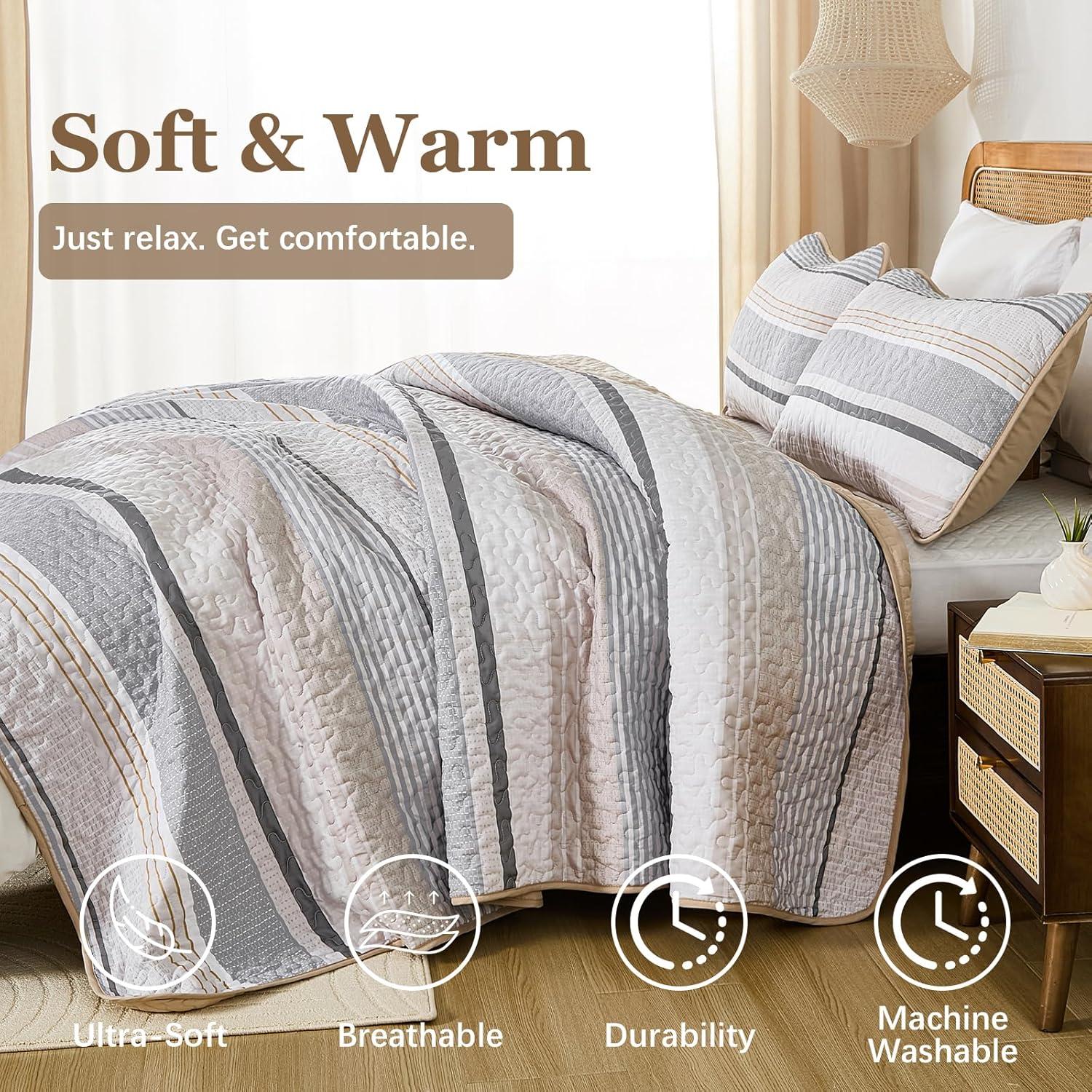imageDintszyayue Quilt Queen Size Khaki Grey 3 Pieces Boho Striped Bedspread Bedding for Queen Size Bed Soft Lightweight Microfiber Bohemian Coverlet Set for All Season Quilts with 2 PillowcasesKhaki Grey