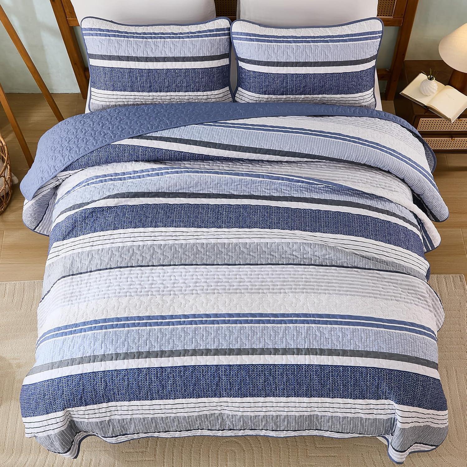 imageDintszyayue Quilt Queen Size Khaki Grey 3 Pieces Boho Striped Bedspread Bedding for Queen Size Bed Soft Lightweight Microfiber Bohemian Coverlet Set for All Season Quilts with 2 PillowcasesNavy