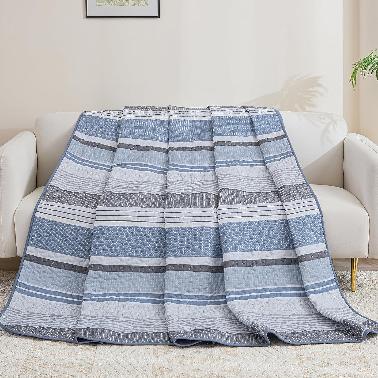 imageDintszyayue Quilt Queen Size Khaki Grey 3 Pieces Boho Striped Bedspread Bedding for Queen Size Bed Soft Lightweight Microfiber Bohemian Coverlet Set for All Season Quilts with 2 PillowcasesBlue