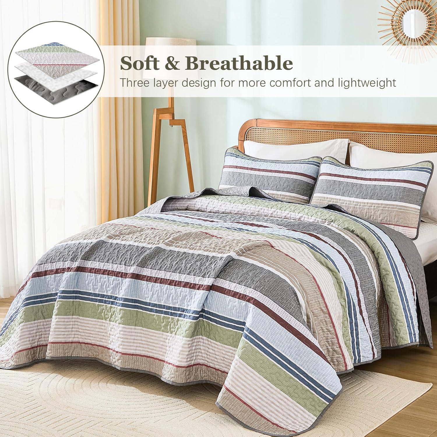 imageDintszyayue Quilt Queen Size Khaki Grey 3 Pieces Boho Striped Bedspread Bedding for Queen Size Bed Soft Lightweight Microfiber Bohemian Coverlet Set for All Season Quilts with 2 PillowcasesSage Grey