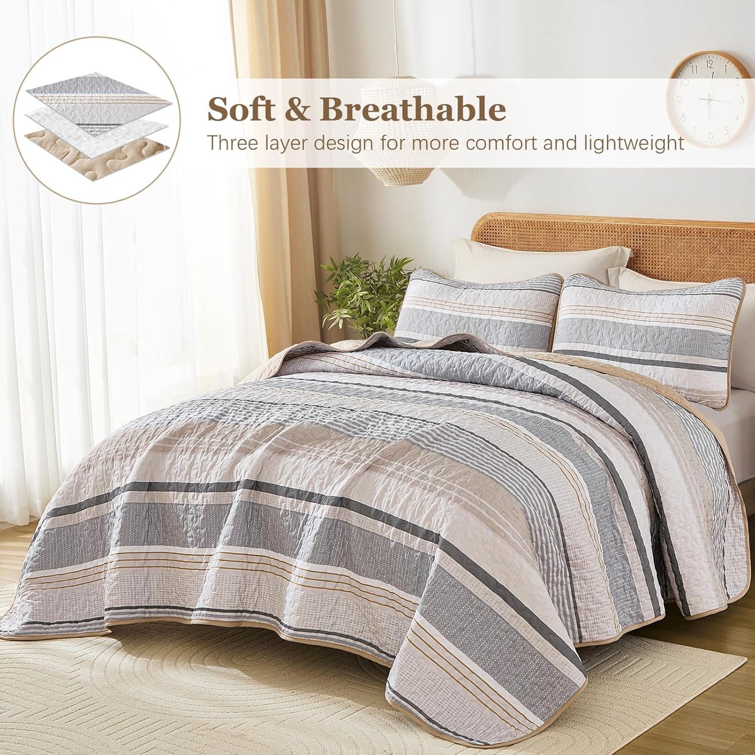 imageDintszyayue Quilt Queen Size Khaki Grey 3 Pieces Boho Striped Bedspread Bedding for Queen Size Bed Soft Lightweight Microfiber Bohemian Coverlet Set for All Season Quilts with 2 PillowcasesKhaki Grey