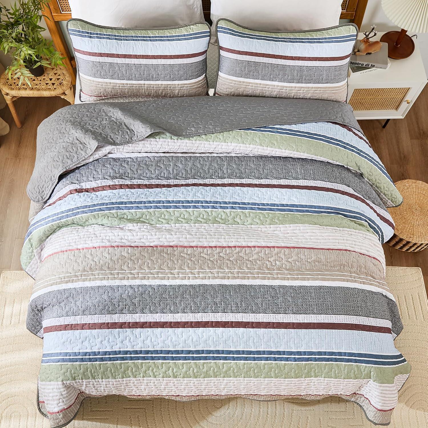 imageDintszyayue Quilt Queen Size Khaki Grey 3 Pieces Boho Striped Bedspread Bedding for Queen Size Bed Soft Lightweight Microfiber Bohemian Coverlet Set for All Season Quilts with 2 PillowcasesSage Grey