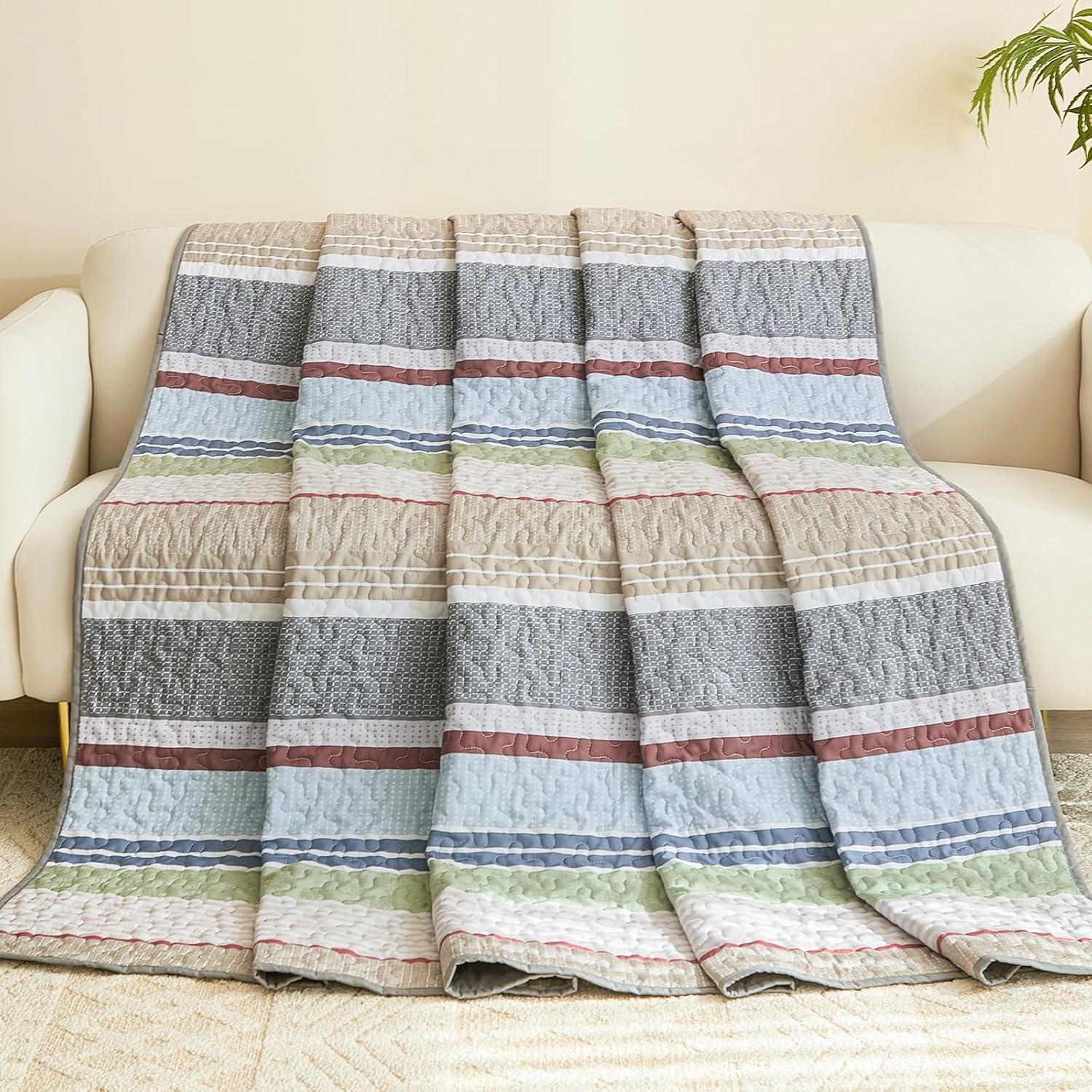 imageDintszyayue Quilt Queen Size Khaki Grey 3 Pieces Boho Striped Bedspread Bedding for Queen Size Bed Soft Lightweight Microfiber Bohemian Coverlet Set for All Season Quilts with 2 PillowcasesSage Grey