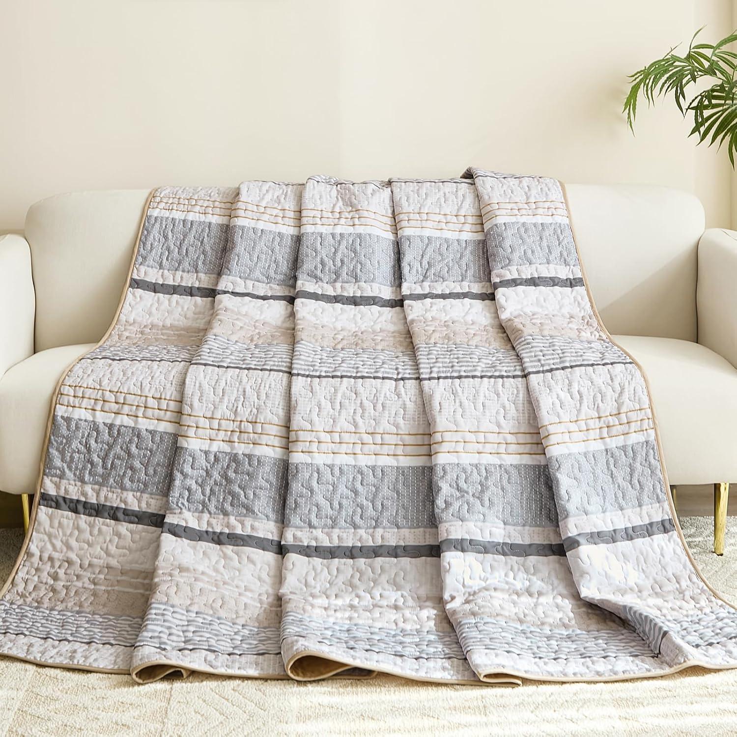 imageDintszyayue Quilt Queen Size Khaki Grey 3 Pieces Boho Striped Bedspread Bedding for Queen Size Bed Soft Lightweight Microfiber Bohemian Coverlet Set for All Season Quilts with 2 PillowcasesKhaki Grey