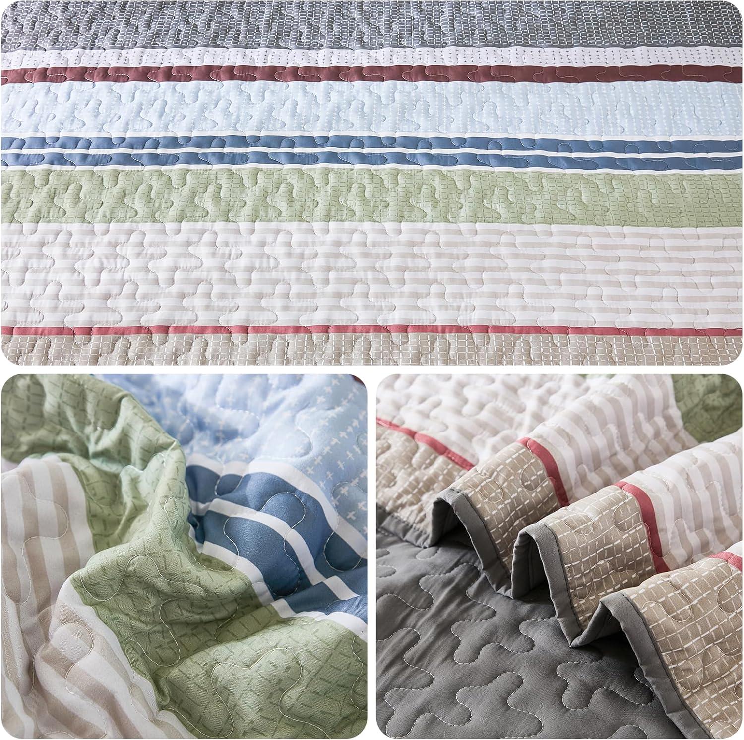 imageDintszyayue Quilt Queen Size Khaki Grey 3 Pieces Boho Striped Bedspread Bedding for Queen Size Bed Soft Lightweight Microfiber Bohemian Coverlet Set for All Season Quilts with 2 PillowcasesSage Grey