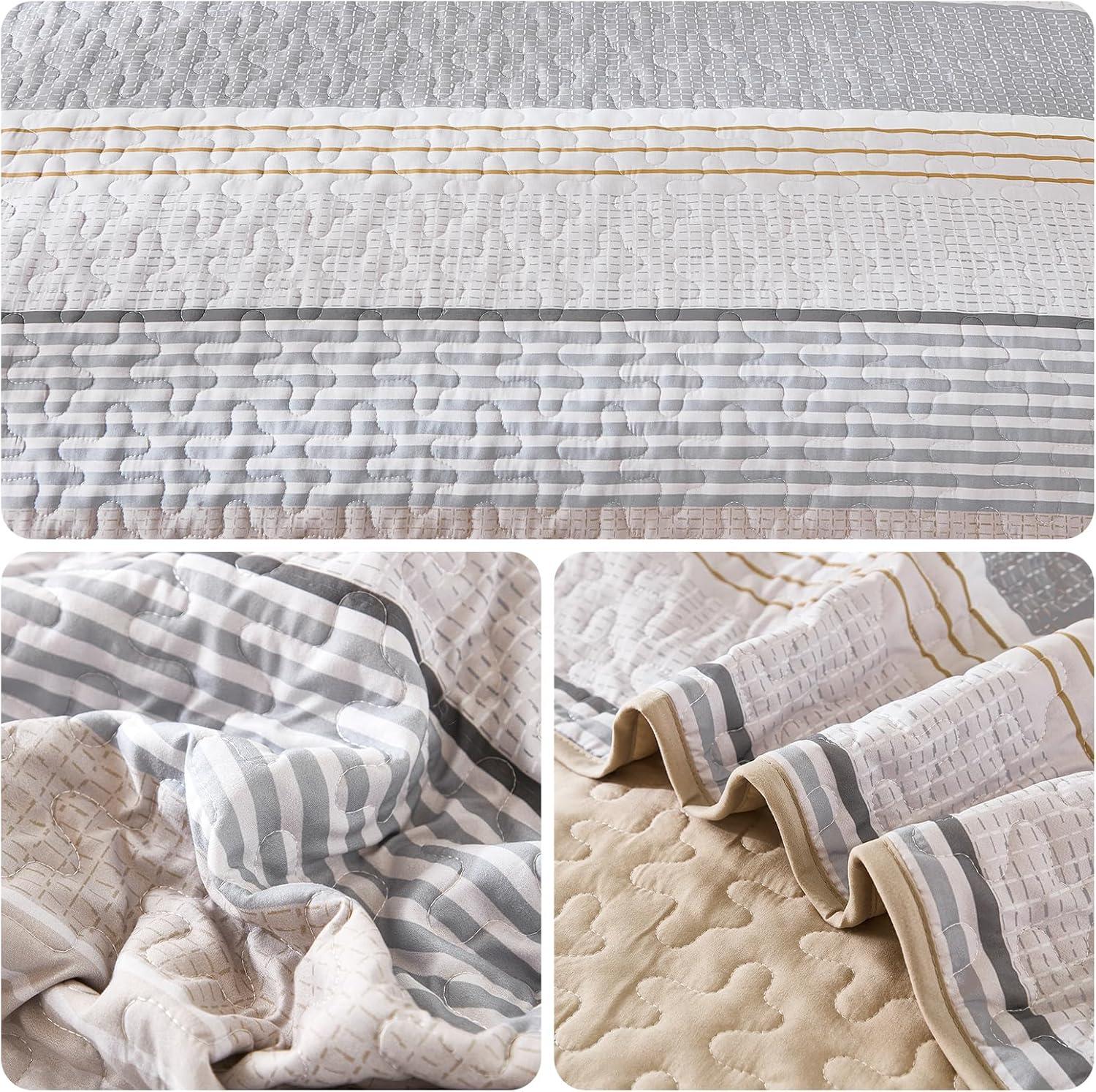 imageDintszyayue Quilt Queen Size Khaki Grey 3 Pieces Boho Striped Bedspread Bedding for Queen Size Bed Soft Lightweight Microfiber Bohemian Coverlet Set for All Season Quilts with 2 PillowcasesKhaki Grey