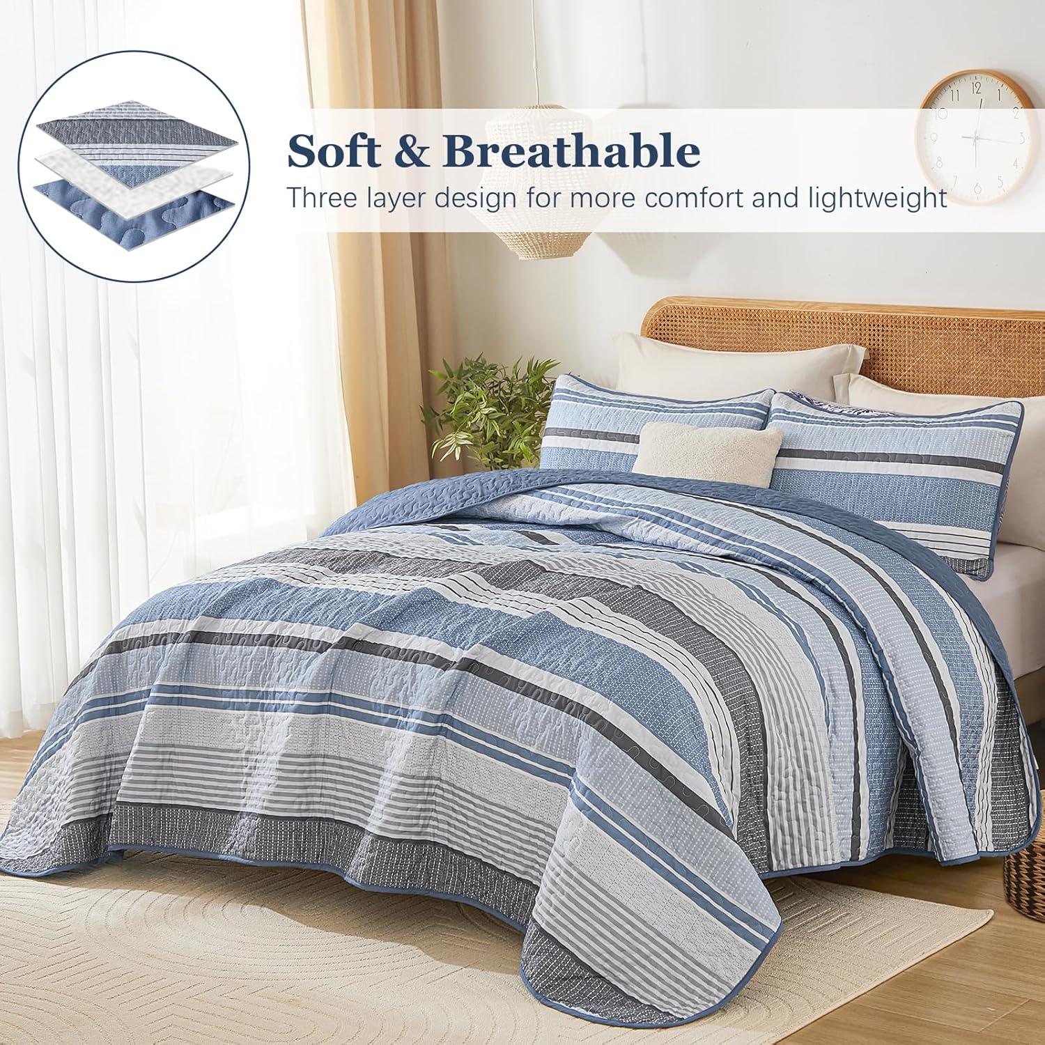 imageDintszyayue Quilt Queen Size Khaki Grey 3 Pieces Boho Striped Bedspread Bedding for Queen Size Bed Soft Lightweight Microfiber Bohemian Coverlet Set for All Season Quilts with 2 PillowcasesBlue