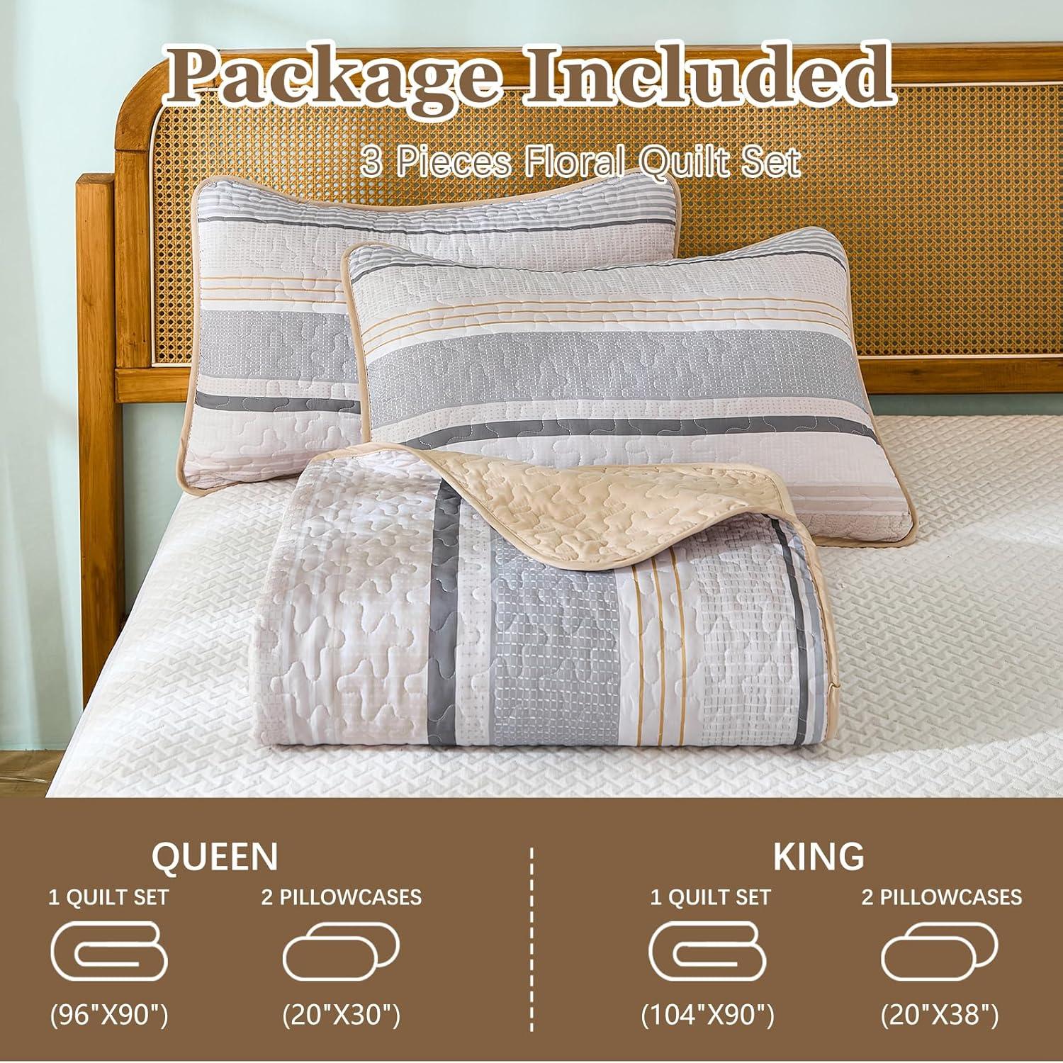 imageDintszyayue Quilt Queen Size Khaki Grey 3 Pieces Boho Striped Bedspread Bedding for Queen Size Bed Soft Lightweight Microfiber Bohemian Coverlet Set for All Season Quilts with 2 PillowcasesKhaki Grey