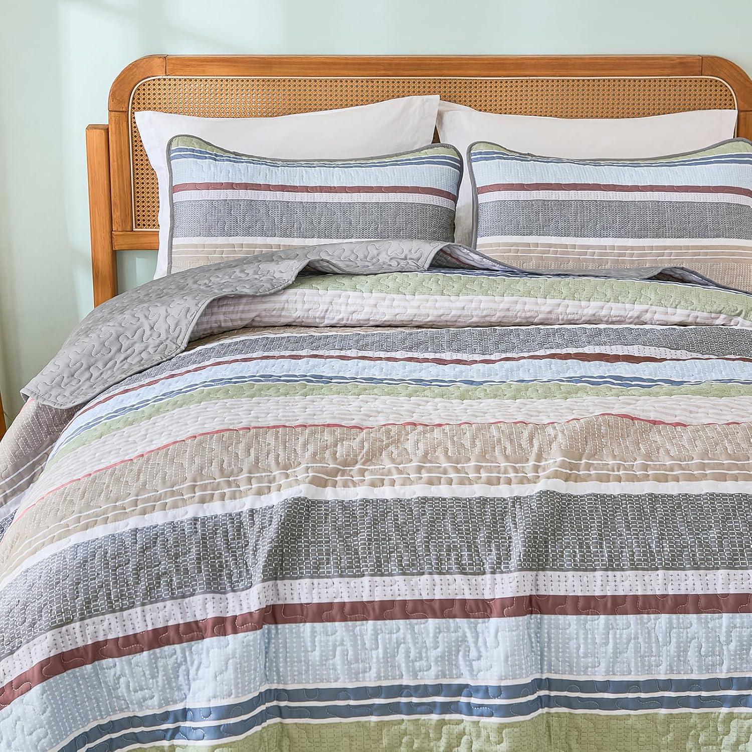 imageDintszyayue Quilt Queen Size Khaki Grey 3 Pieces Boho Striped Bedspread Bedding for Queen Size Bed Soft Lightweight Microfiber Bohemian Coverlet Set for All Season Quilts with 2 PillowcasesSage Grey