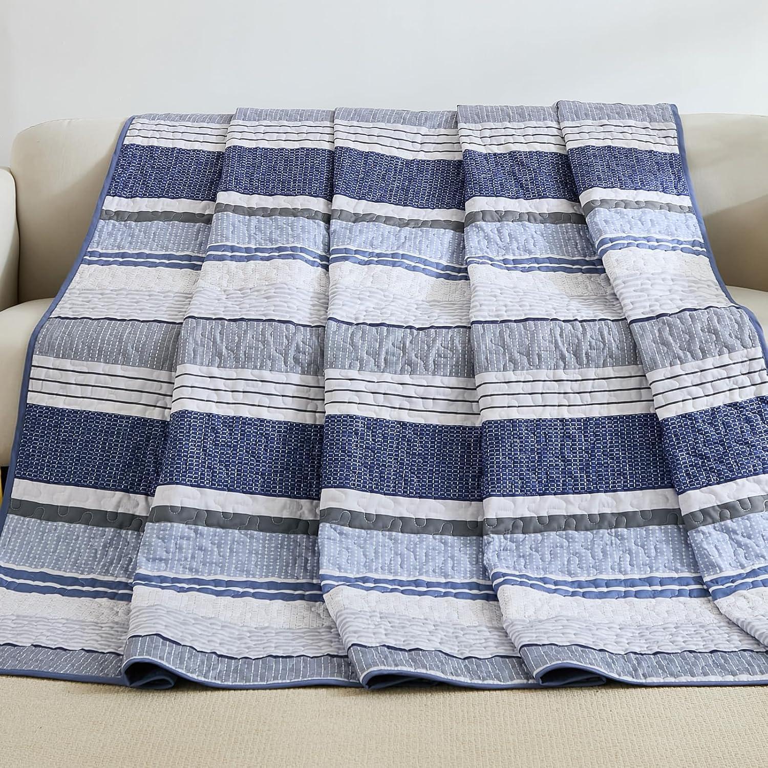 imageDintszyayue Quilt Queen Size Khaki Grey 3 Pieces Boho Striped Bedspread Bedding for Queen Size Bed Soft Lightweight Microfiber Bohemian Coverlet Set for All Season Quilts with 2 PillowcasesNavy