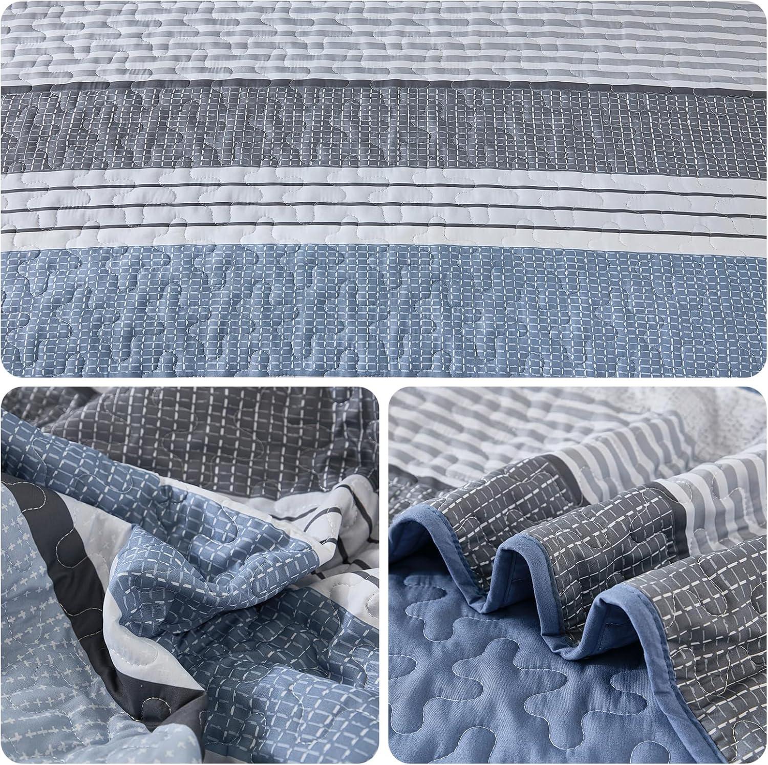 imageDintszyayue Quilt Queen Size Khaki Grey 3 Pieces Boho Striped Bedspread Bedding for Queen Size Bed Soft Lightweight Microfiber Bohemian Coverlet Set for All Season Quilts with 2 PillowcasesBlue