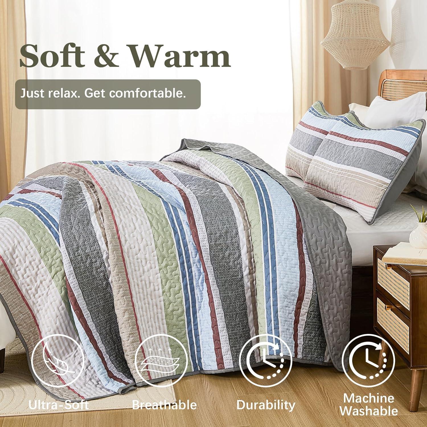 imageDintszyayue Quilt Queen Size Khaki Grey 3 Pieces Boho Striped Bedspread Bedding for Queen Size Bed Soft Lightweight Microfiber Bohemian Coverlet Set for All Season Quilts with 2 PillowcasesSage Grey