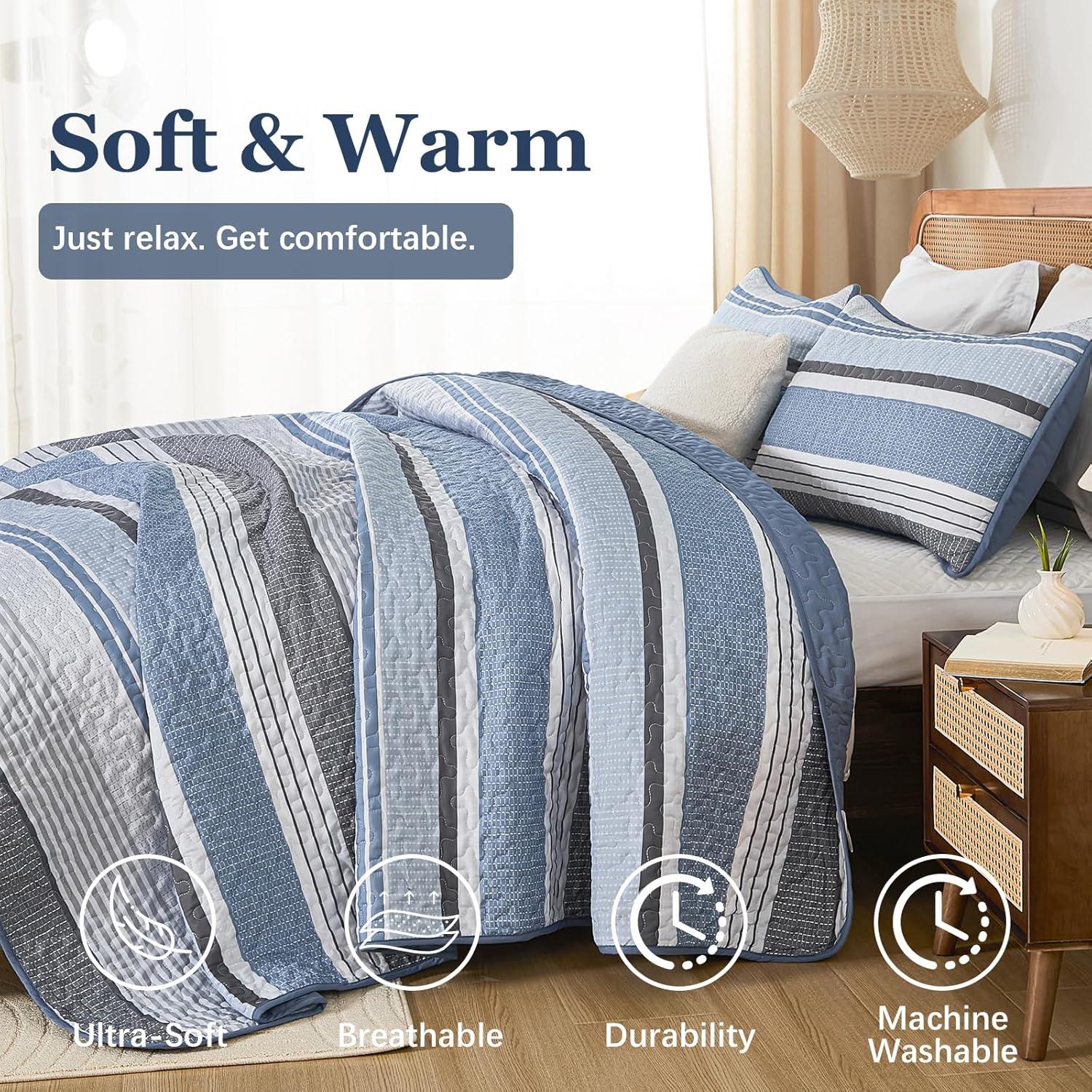 imageDintszyayue Quilt Queen Size Khaki Grey 3 Pieces Boho Striped Bedspread Bedding for Queen Size Bed Soft Lightweight Microfiber Bohemian Coverlet Set for All Season Quilts with 2 PillowcasesBlue