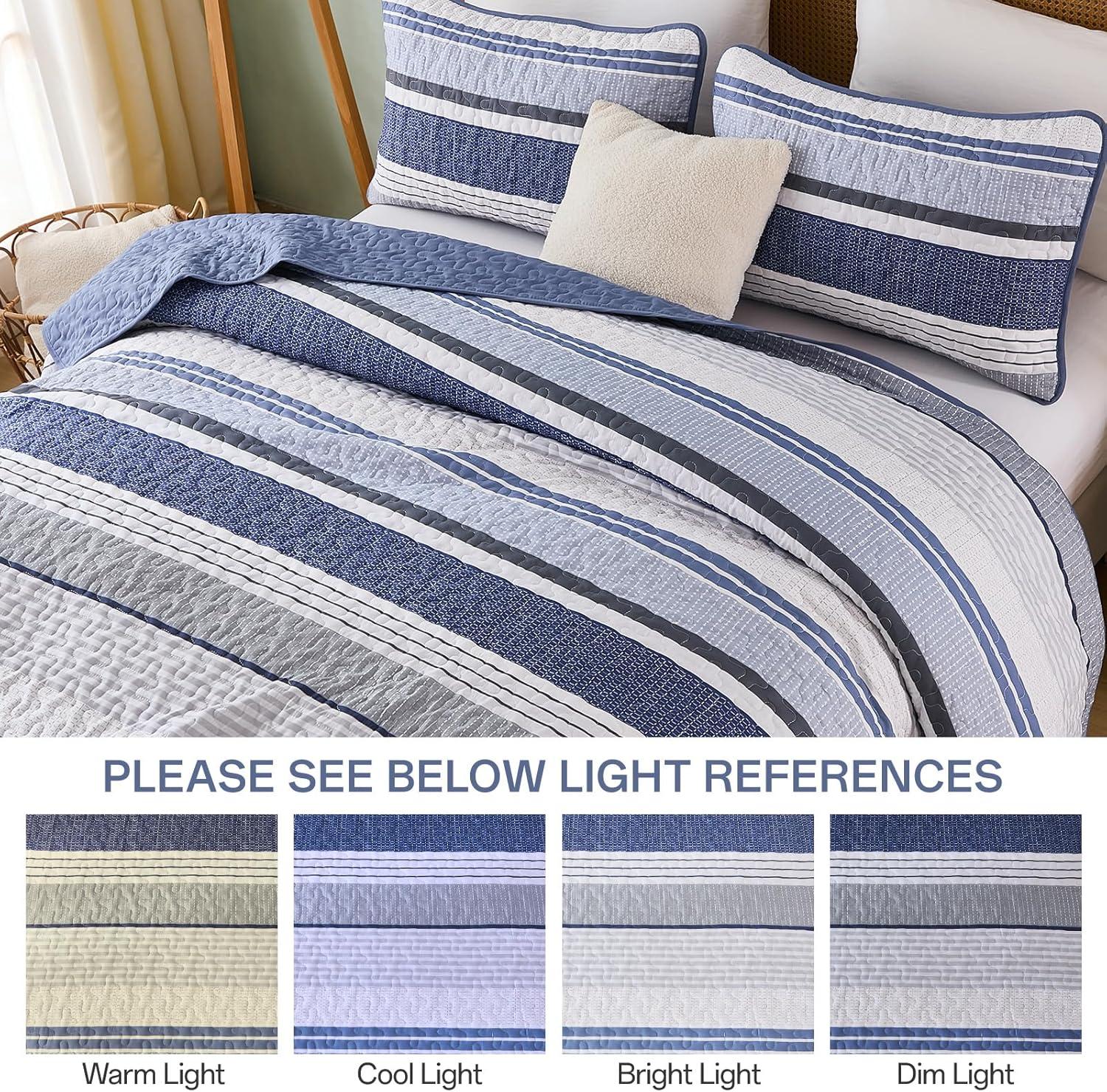 imageDintszyayue Quilt Queen Size Khaki Grey 3 Pieces Boho Striped Bedspread Bedding for Queen Size Bed Soft Lightweight Microfiber Bohemian Coverlet Set for All Season Quilts with 2 PillowcasesNavy