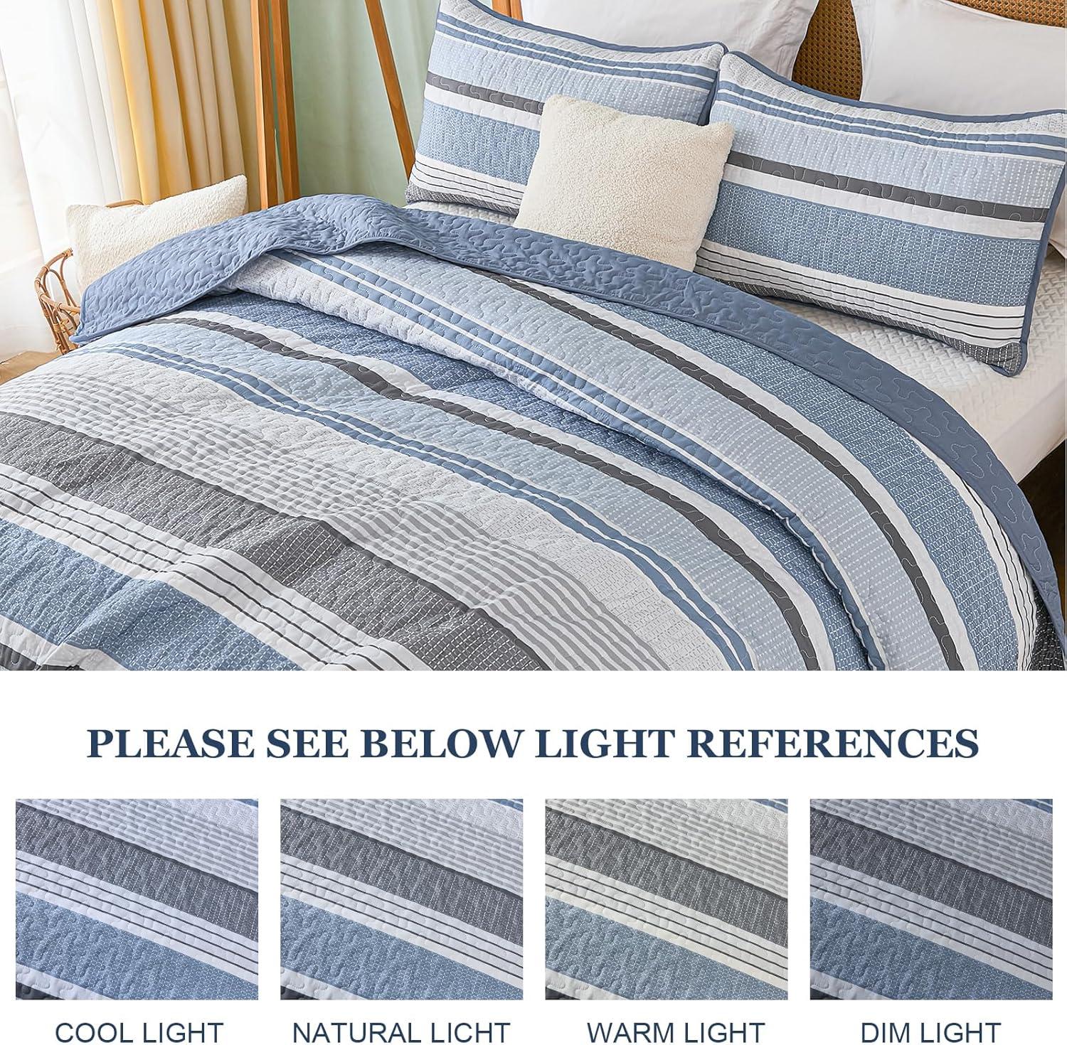 imageDintszyayue Quilt Queen Size Khaki Grey 3 Pieces Boho Striped Bedspread Bedding for Queen Size Bed Soft Lightweight Microfiber Bohemian Coverlet Set for All Season Quilts with 2 PillowcasesBlue