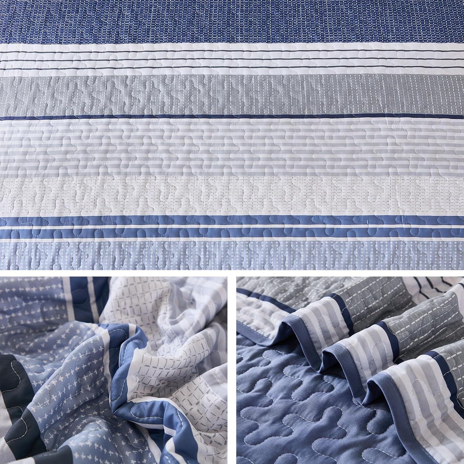 imageDintszyayue Quilt Queen Size Khaki Grey 3 Pieces Boho Striped Bedspread Bedding for Queen Size Bed Soft Lightweight Microfiber Bohemian Coverlet Set for All Season Quilts with 2 PillowcasesNavy