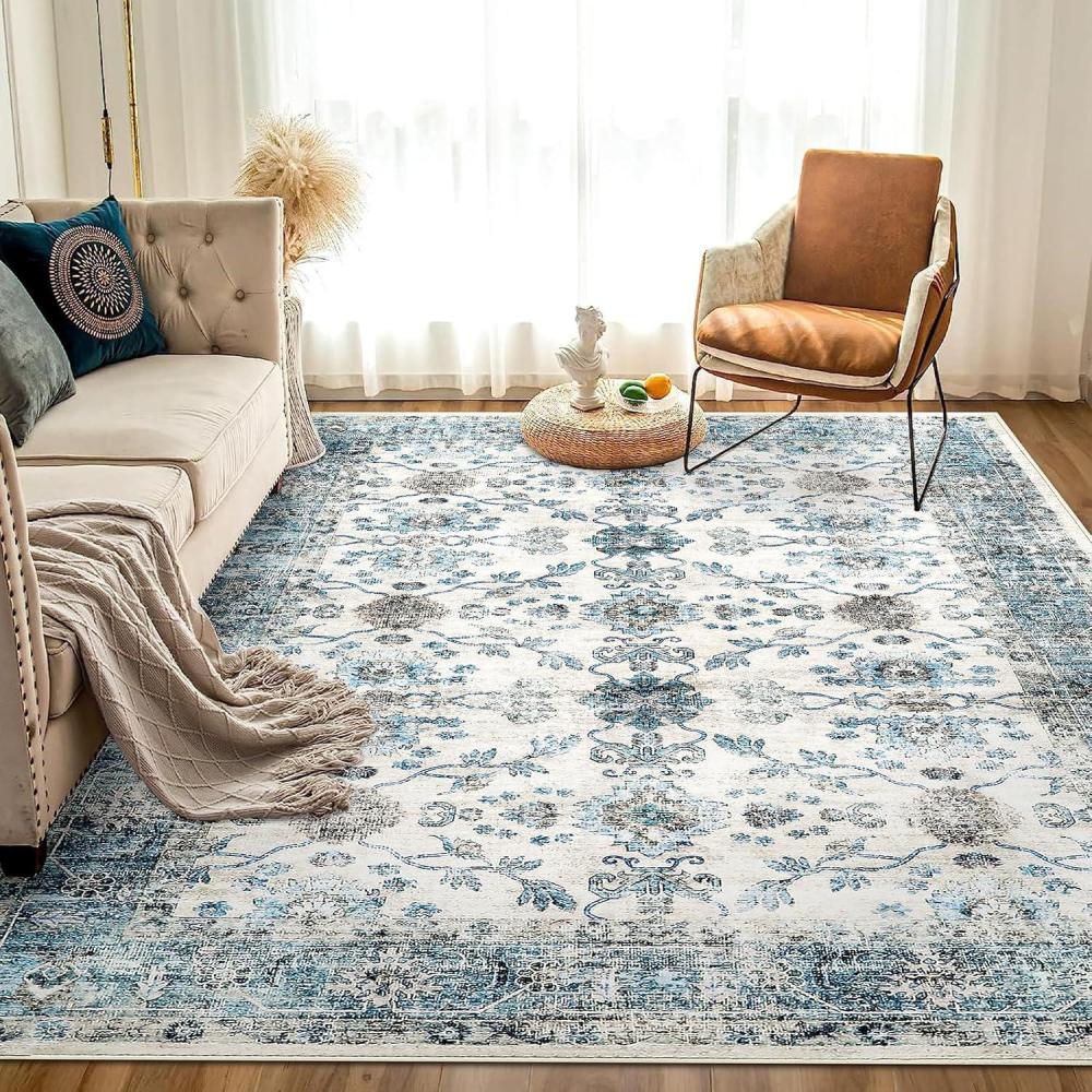 imageDintszyayue Area Rug 8x10 Washable Rugs Blue Boho Soft NonSlip Faux Wool Vintage Rug for Living Room Bedroom Rug Dining Room Farmhouse Blue 8x10Blue