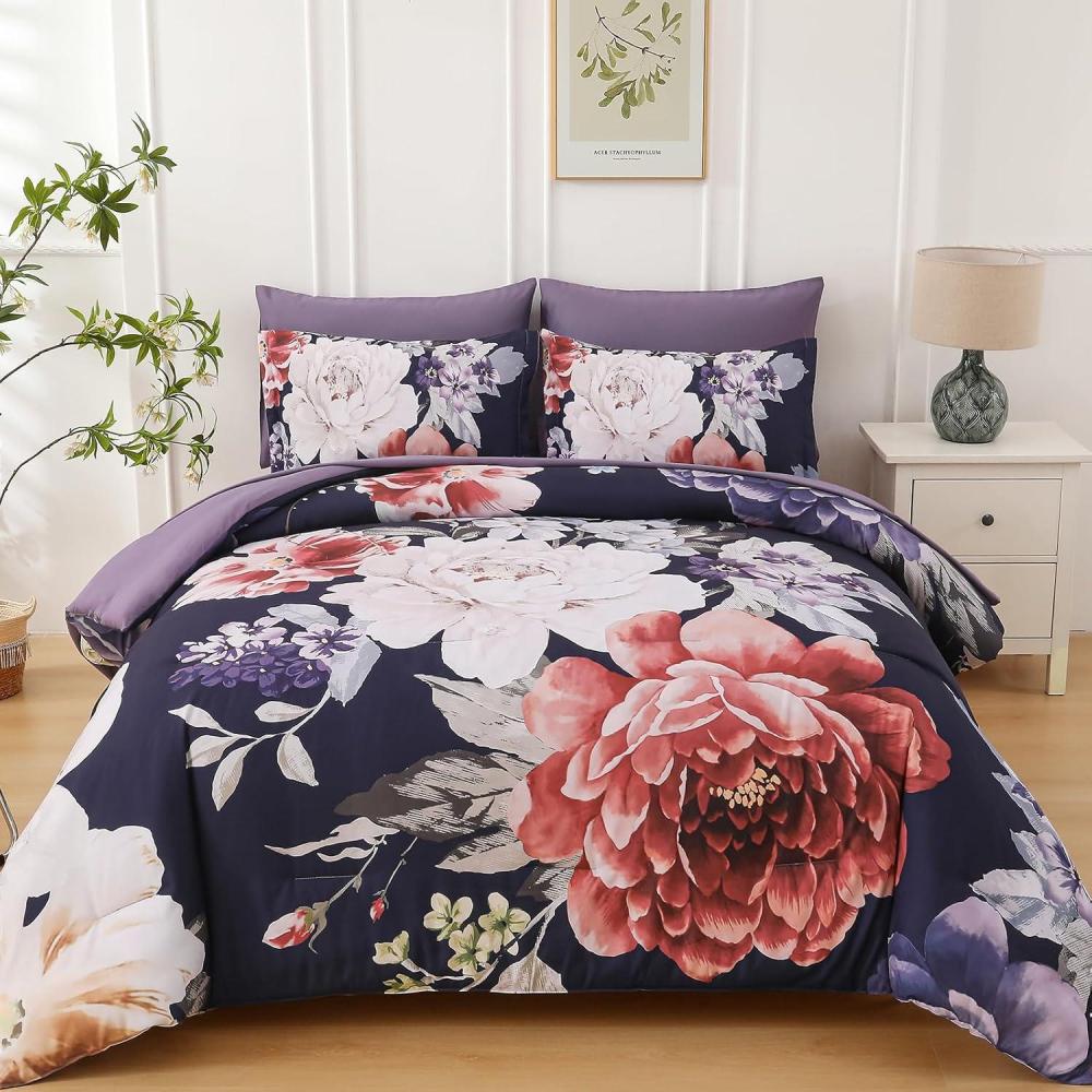 imageDintszyayue Black Comforter Set King Size 7 Pieces Pink Floral Bed in a Bag Complete Bedding Sets Elegant Flower Bed Set Comforter for All Season with Flat Sheet Fitted Sheets Pillowcases ampamp ShamsDark Purple