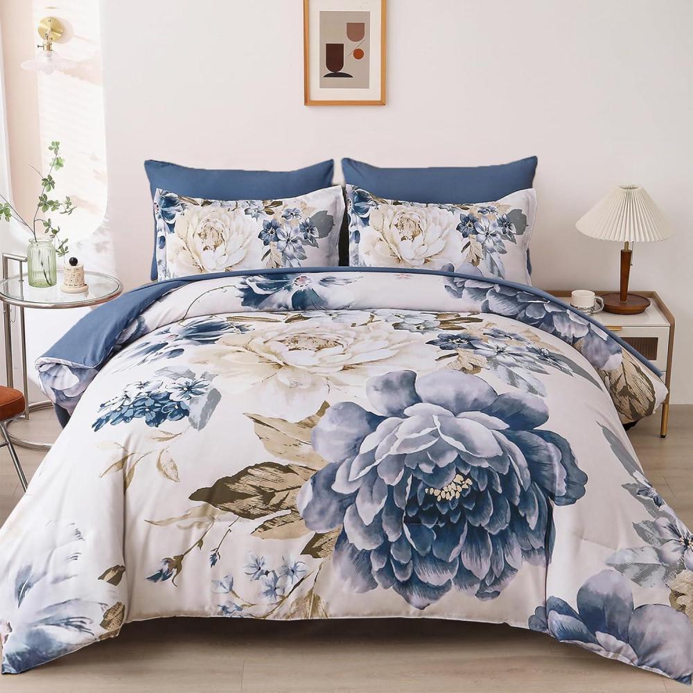 imageDintszyayue Black Comforter Set King Size 7 Pieces Pink Floral Bed in a Bag Complete Bedding Sets Elegant Flower Bed Set Comforter for All Season with Flat Sheet Fitted Sheets Pillowcases ampamp ShamsDark Blue